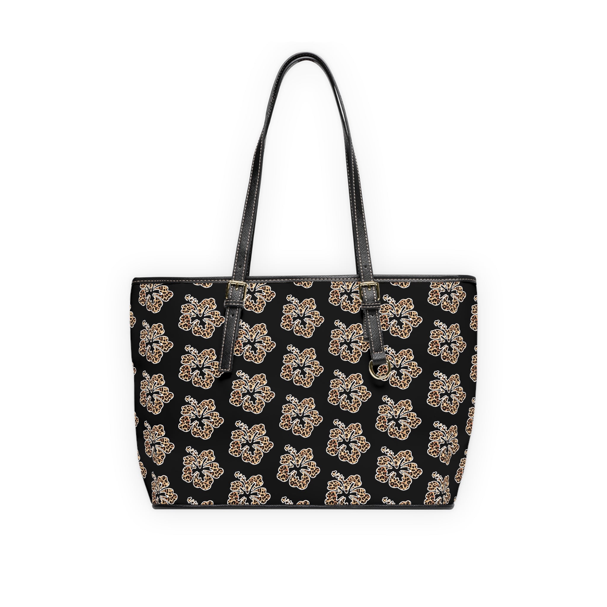 Leopard Floral PU Leather Shoulder Bag — Chic Black Tote for Everyday & Work