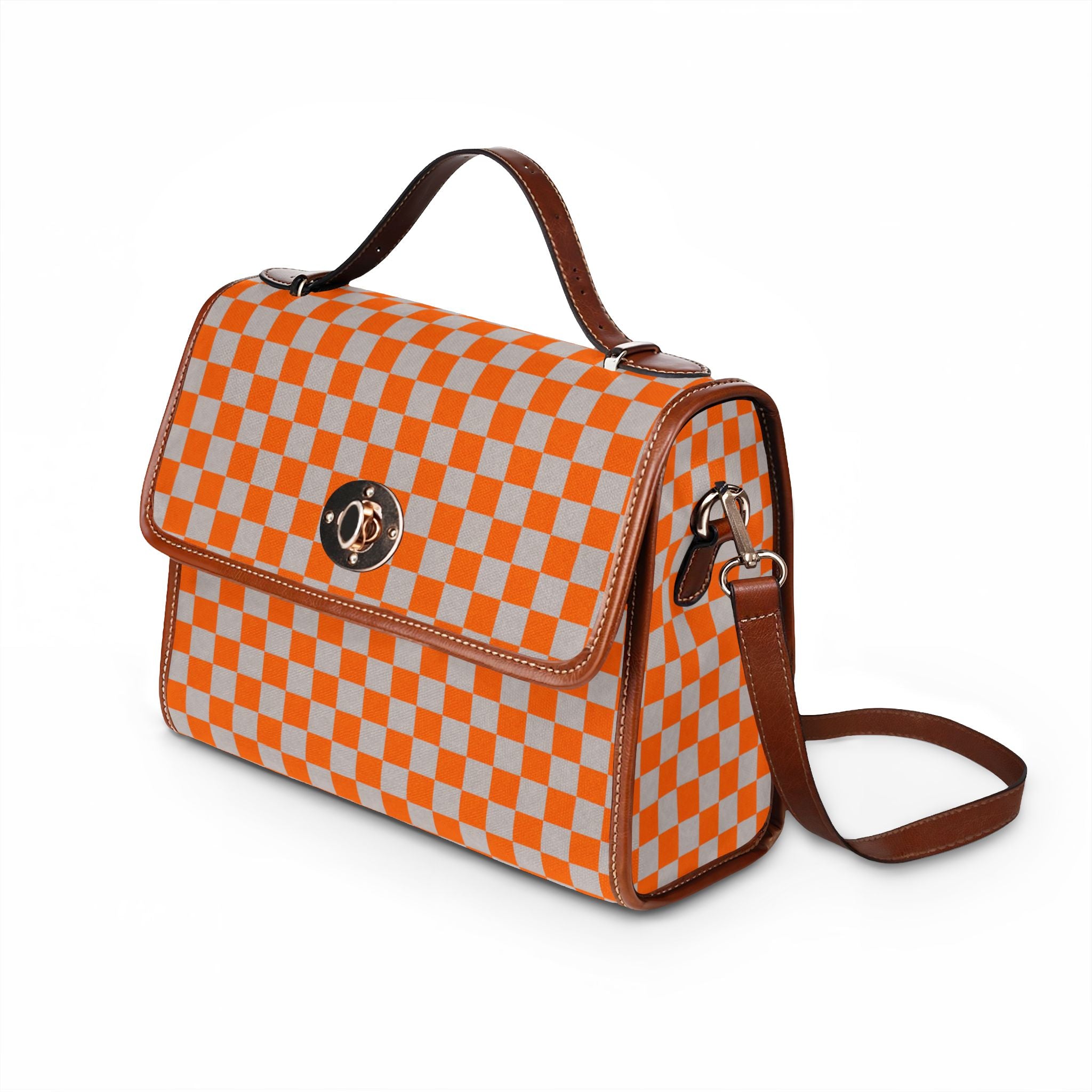 Grey and Orange Checkerboard Pattern Waterproof Canvas Bag