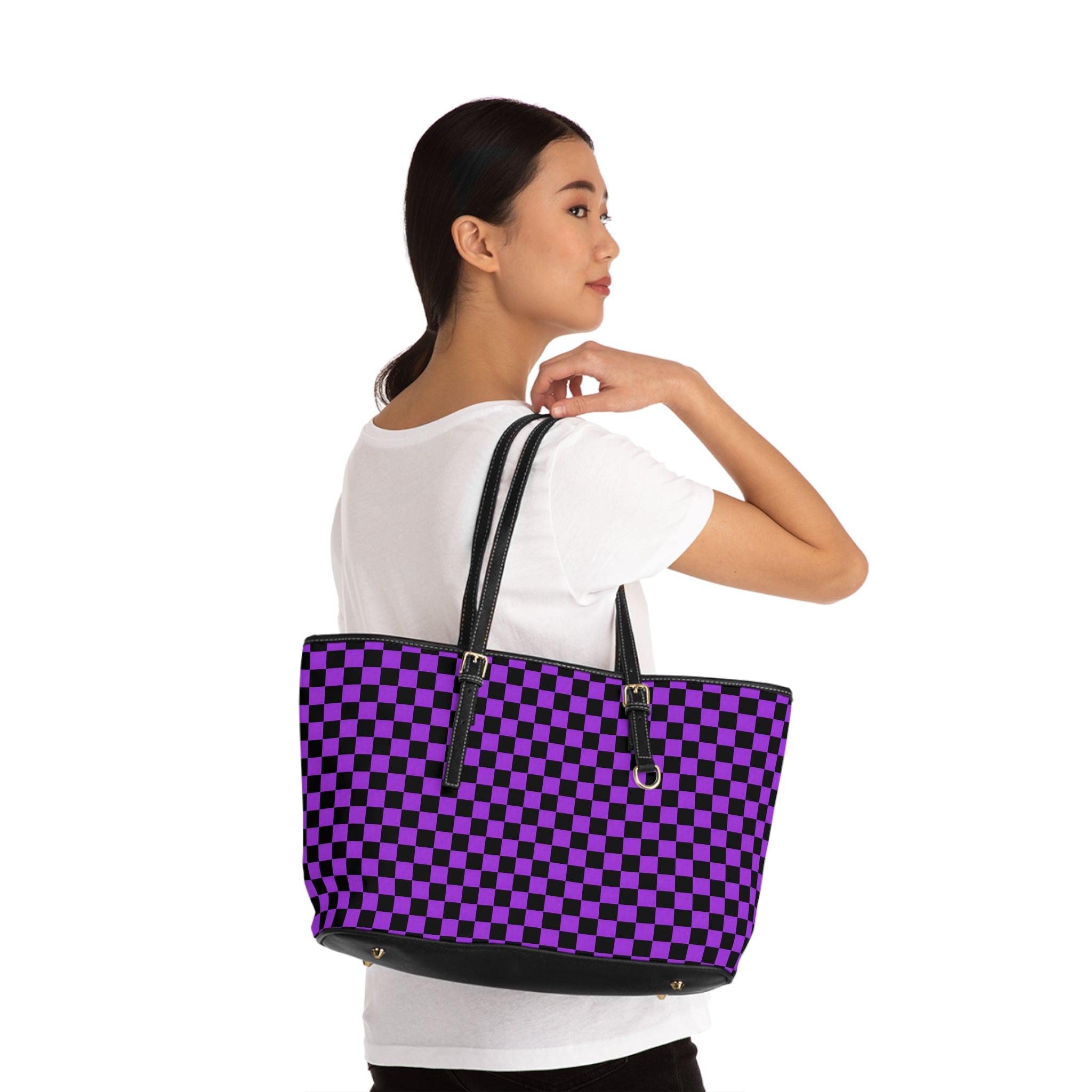 Purple Black Checkerboard Tote Bag — PU Leather Shoulder Bag