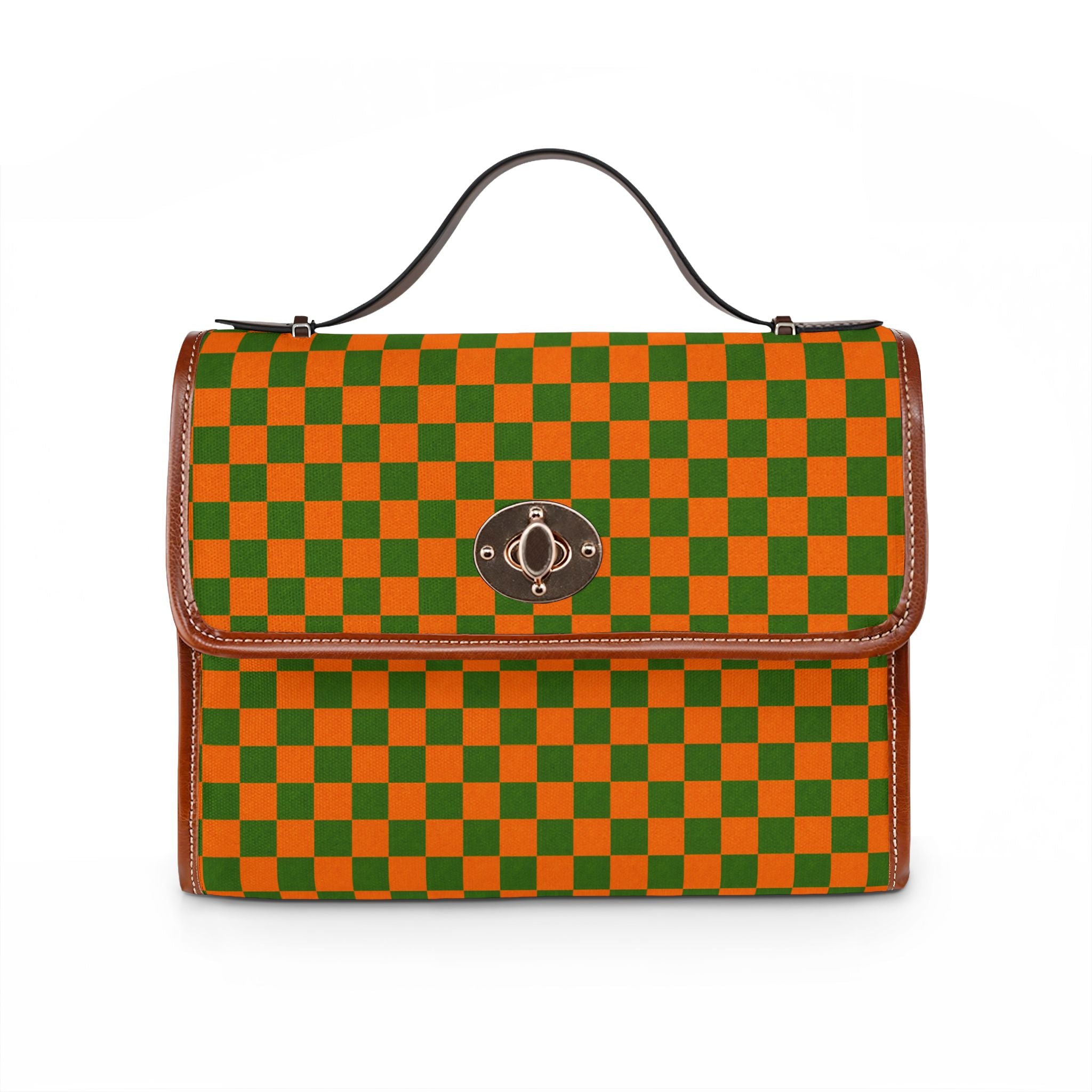 Green and Orange Checkerboard Pattern Waterproof Canvas Bag
