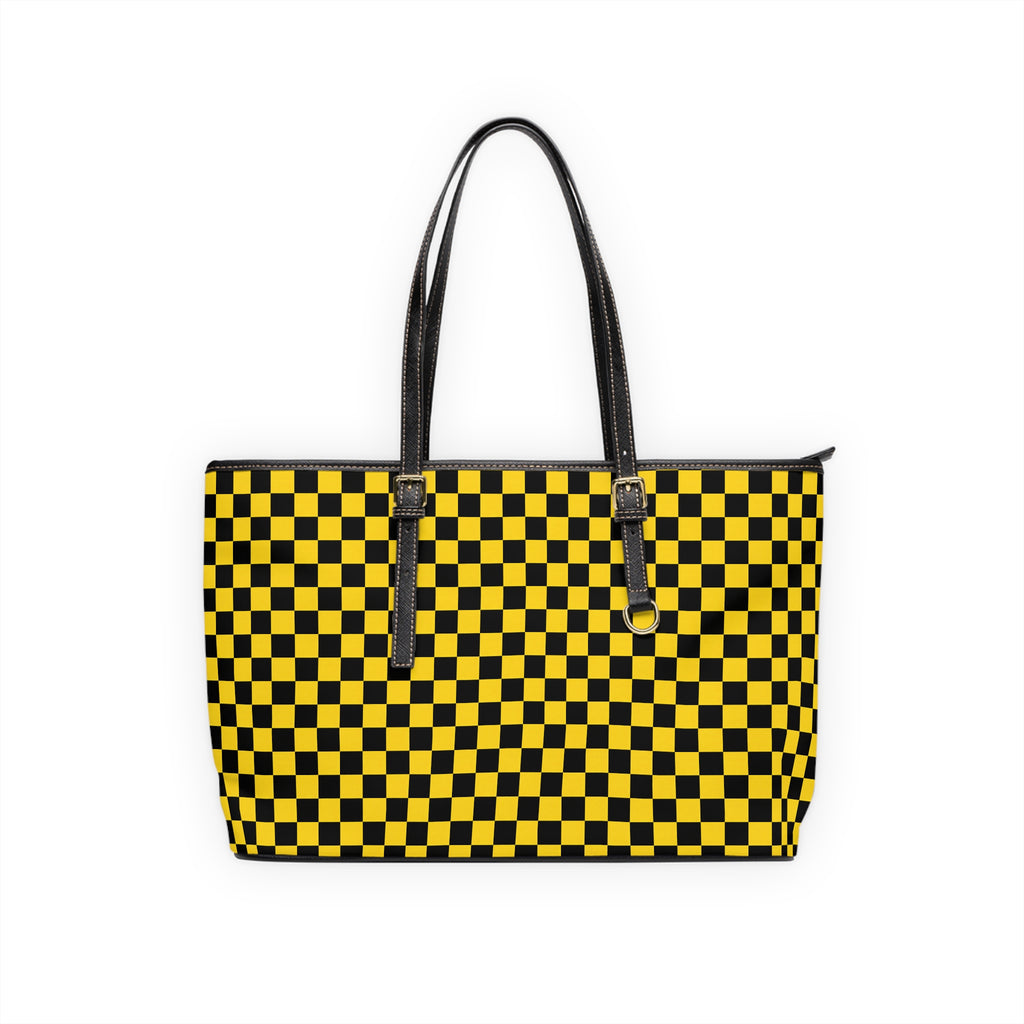 Yellow Black Checkered PU Shoulder Bag — Retro Checkerboard Tote