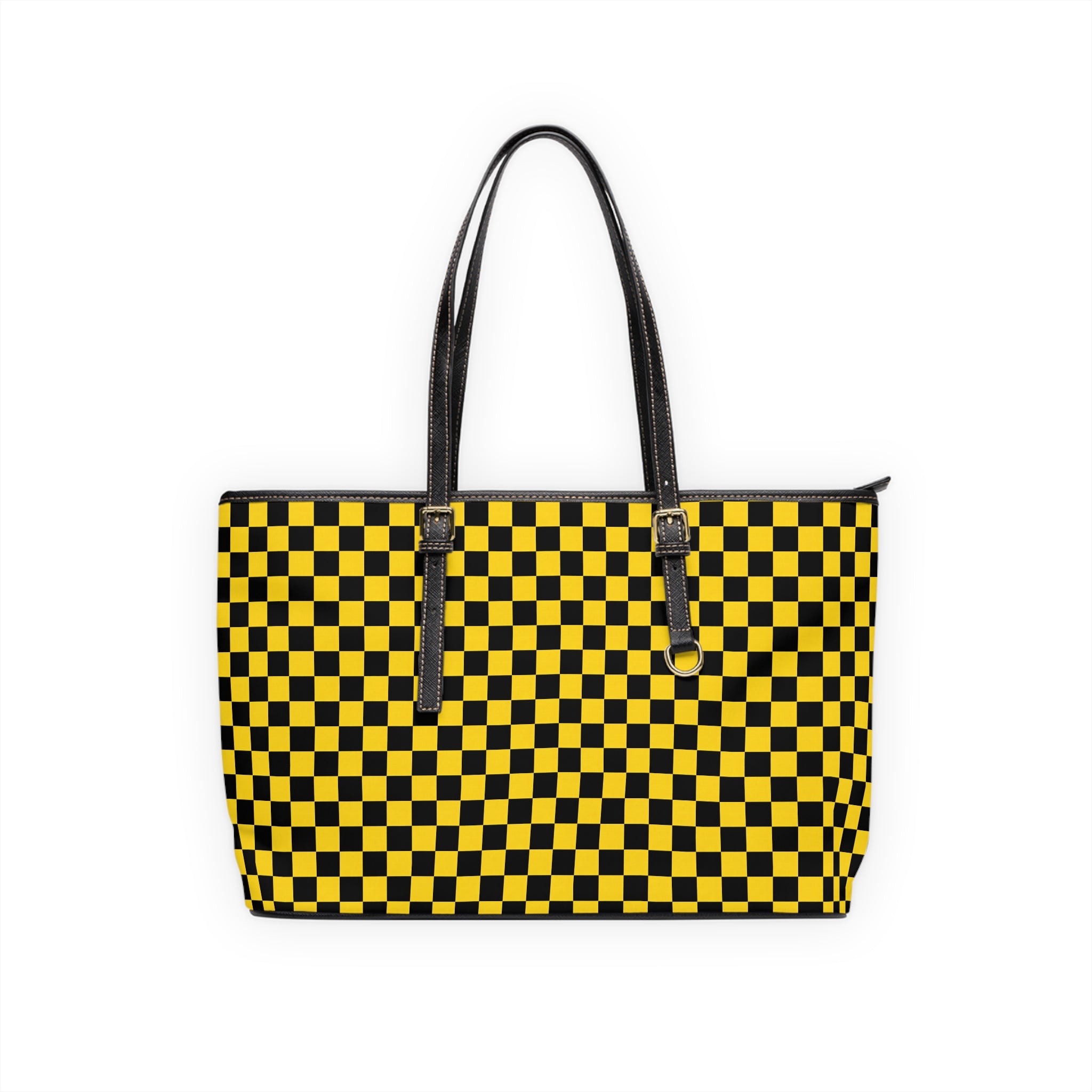 Yellow Black Checkered PU Shoulder Bag — Retro Checkerboard Tote