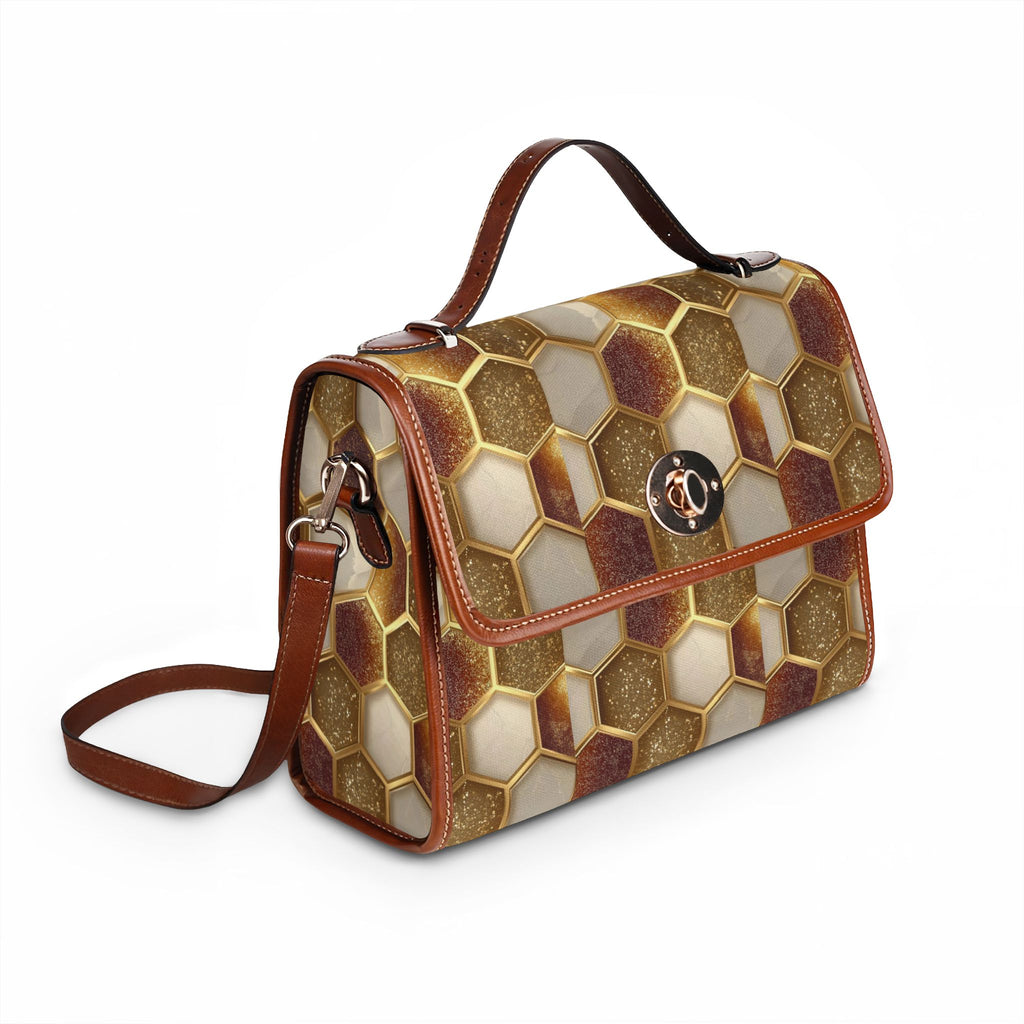 Canvas Satchel — Waterproof Geometric Plaid Pattern (Pink, Brown)