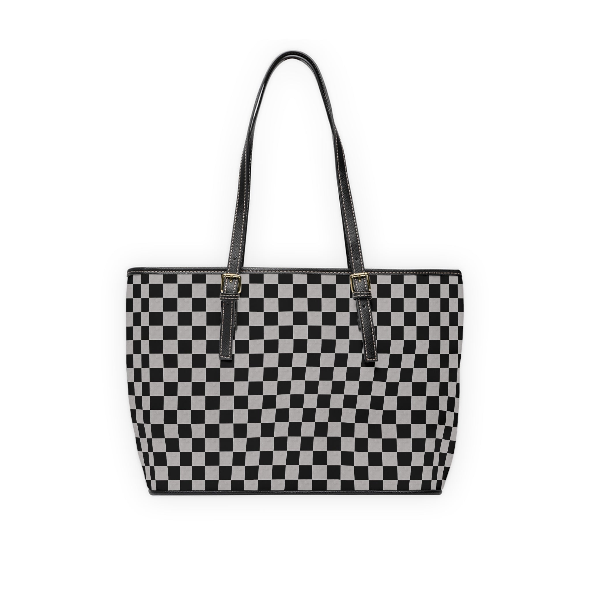 Checkered PU Leather Shoulder Bag — Black & White Tote with Classic Checkerboard Pattern