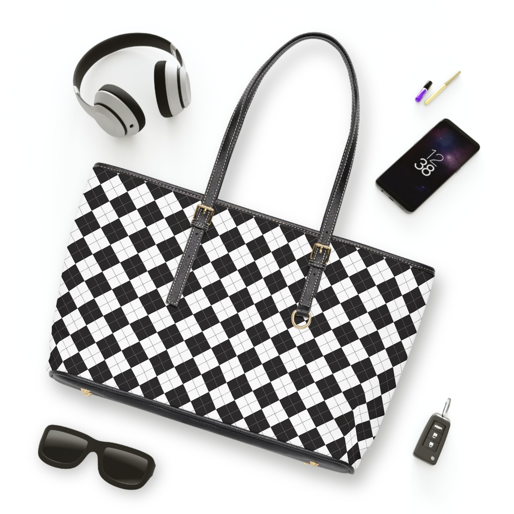 Black & White Checker PU Leather Shoulder Bag — Stylish Tote for Everyday Use