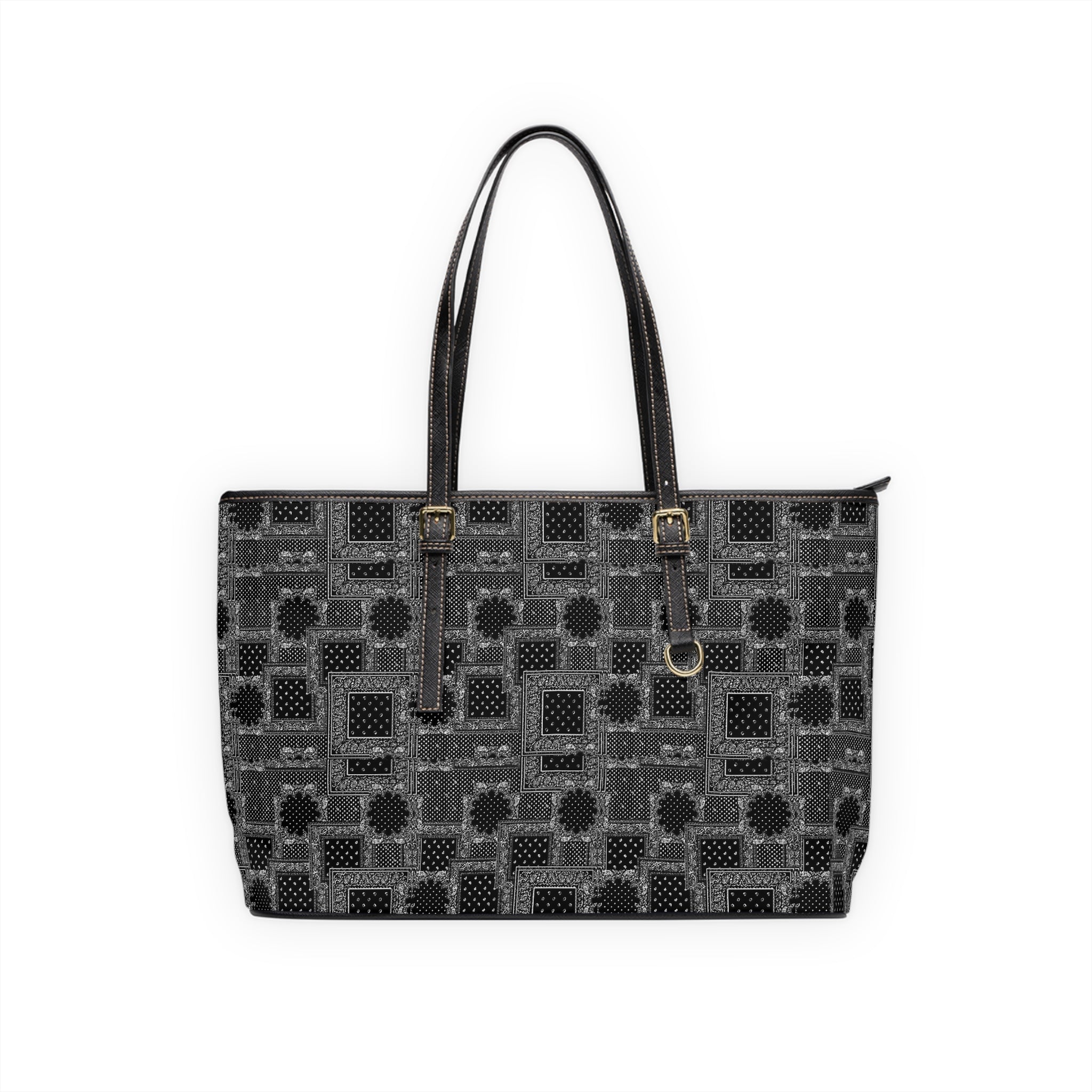 Black Patchwork PU Leather Shoulder Bag – Geometric Tote for Everyday Use