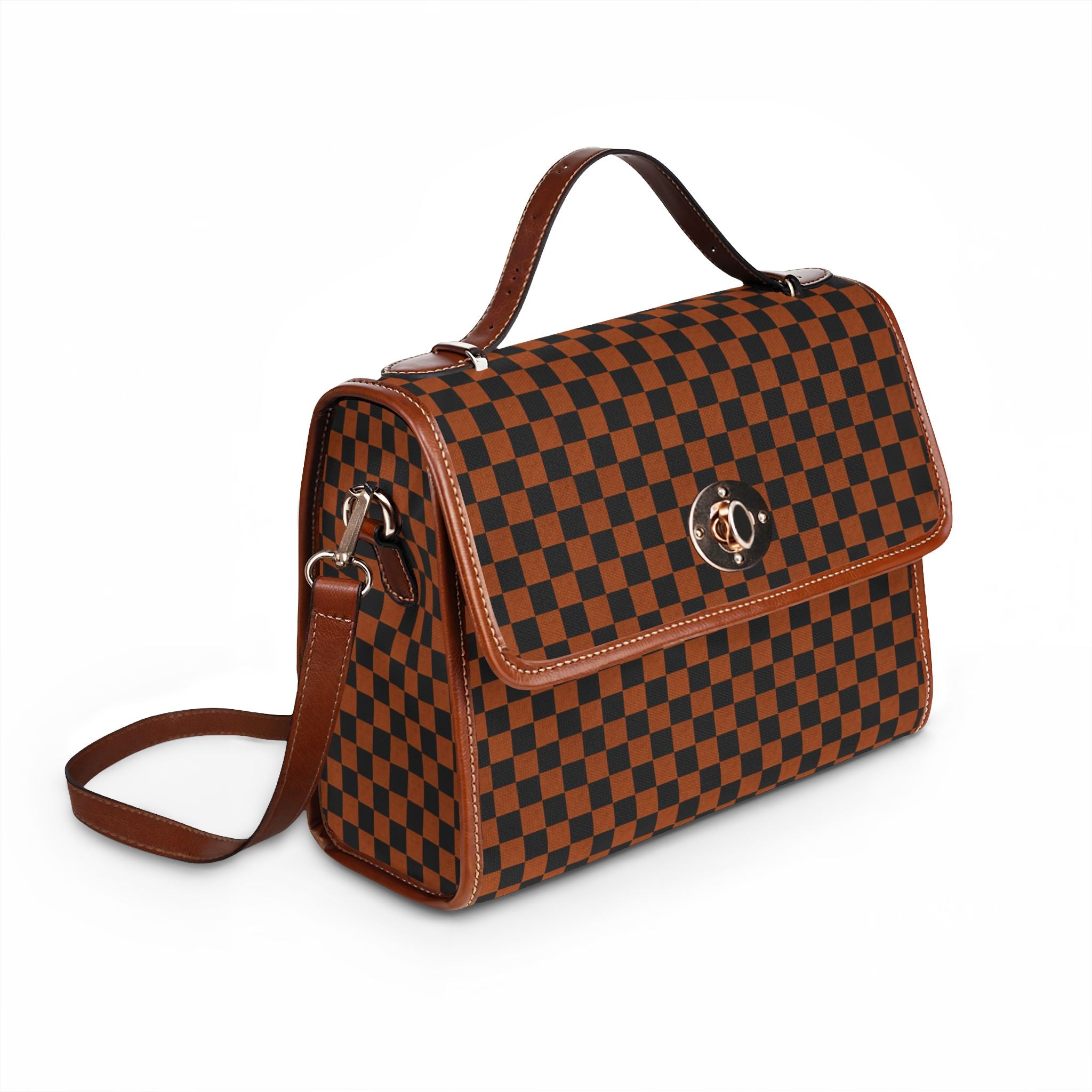 Brown Checkerboard Waterproof Canvas Bag | Top Handle Shoulder Bag