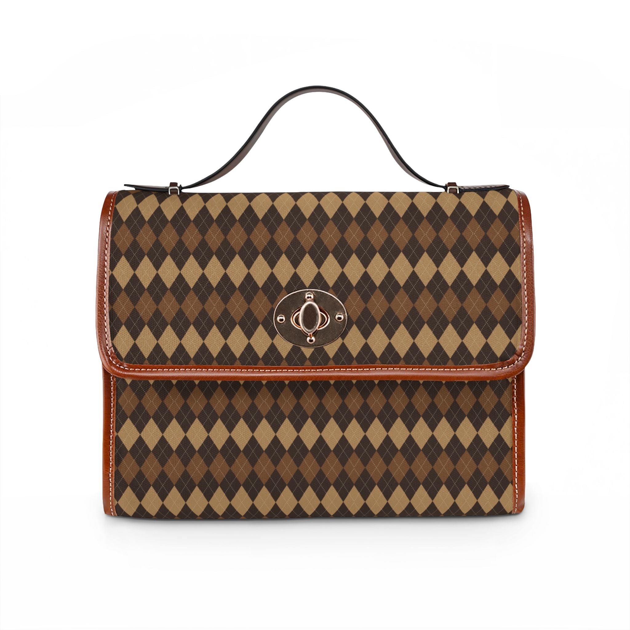 Brown Argyle Pattern Waterproof Canvas Bag | Diamond Check Satchel