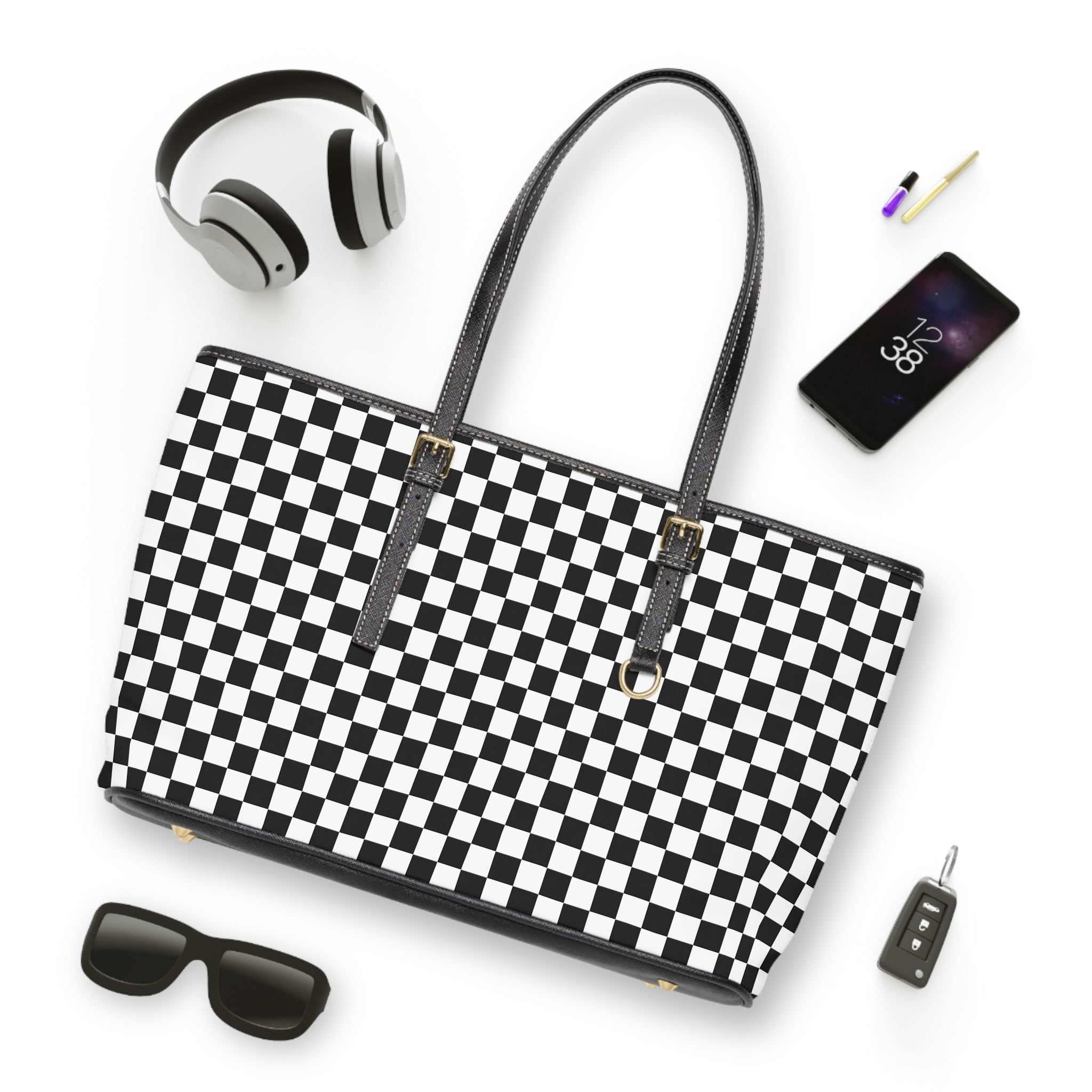 Checkerboard PU Leather Shoulder Bag – Black & White Tote