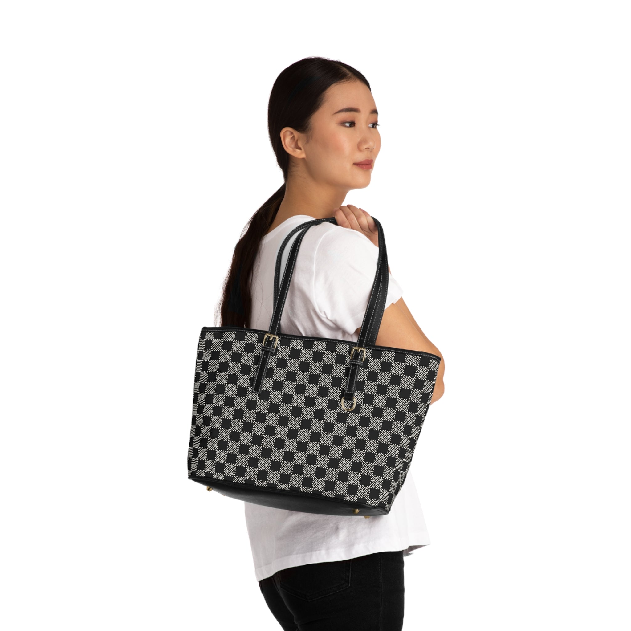 Checkerboard PU Shoulder Bag – Black Gray Tote for Everyday & Work