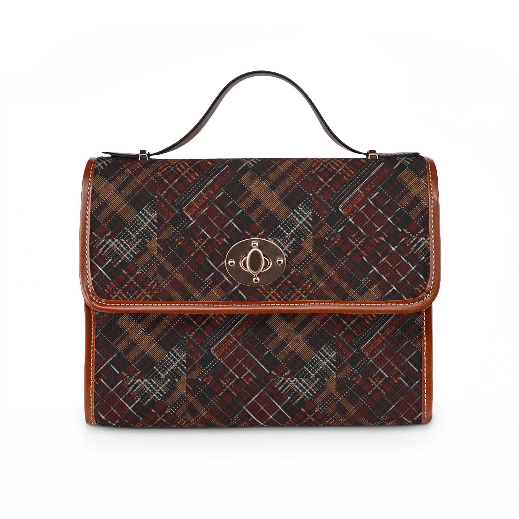 Waterproof Canvas Tote Bag — Vintage Plaid Leather-Trim Satchel