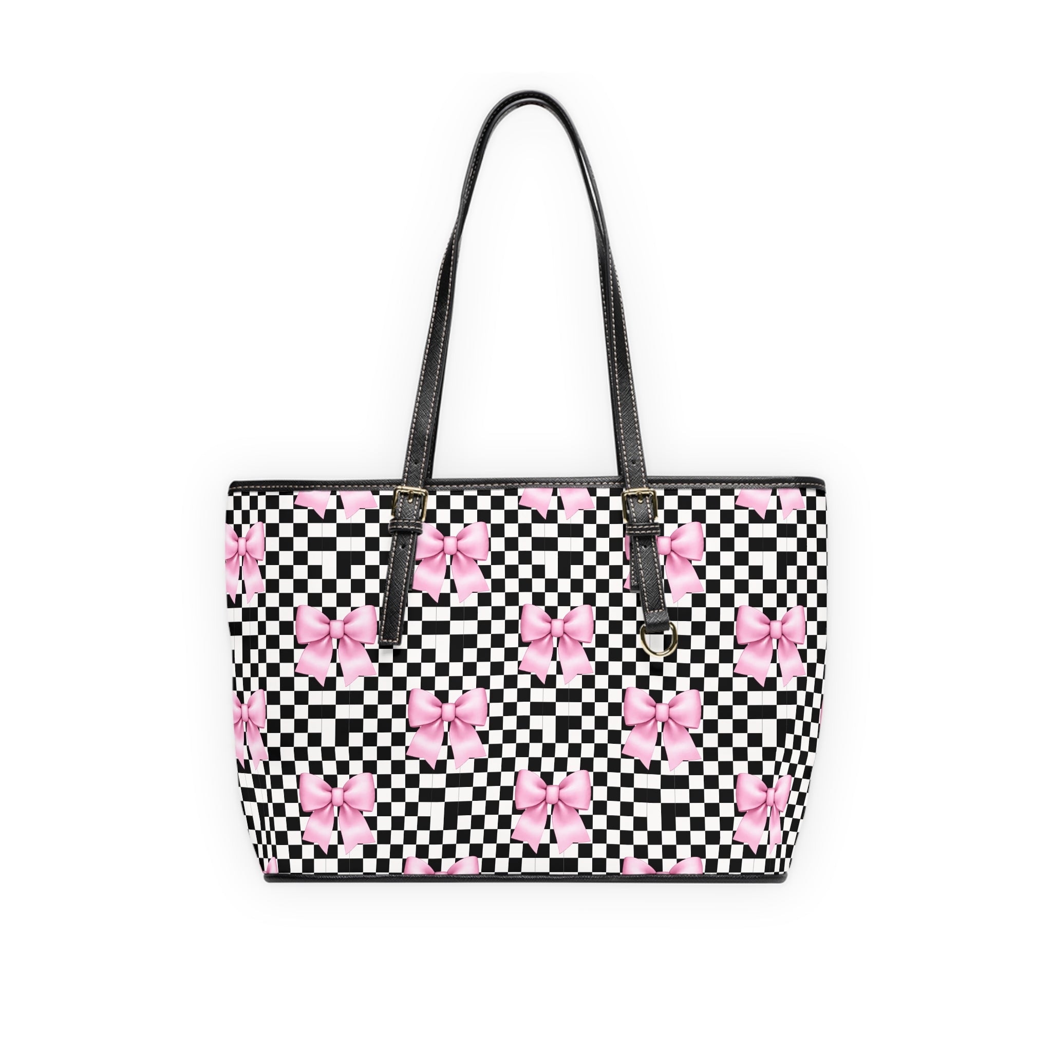 Checkered Pink Bow PU Shoulder Bag — Feminine Checkerboard Tote for Everyday & Gifts