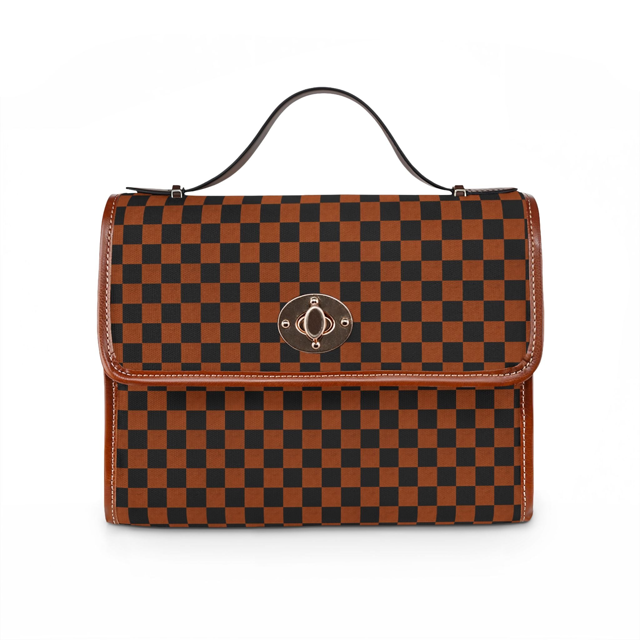 Brown Checkerboard Waterproof Canvas Bag | Top Handle Shoulder Bag