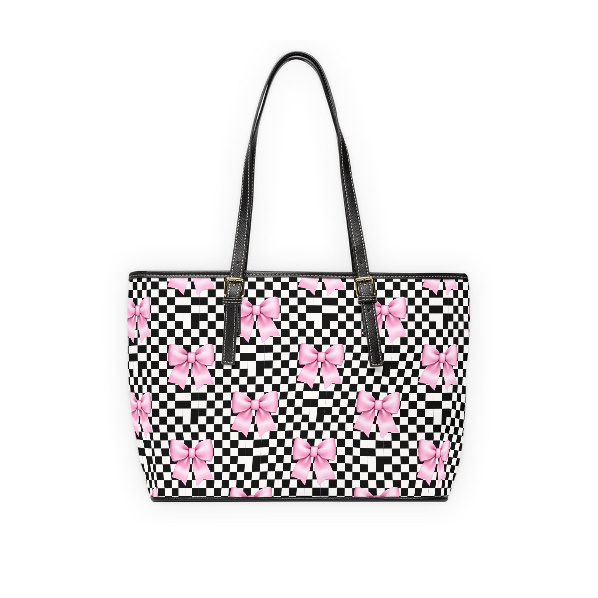 Checkered Pink Bow PU Shoulder Bag — Feminine Checkerboard Tote for Everyday & Gifts