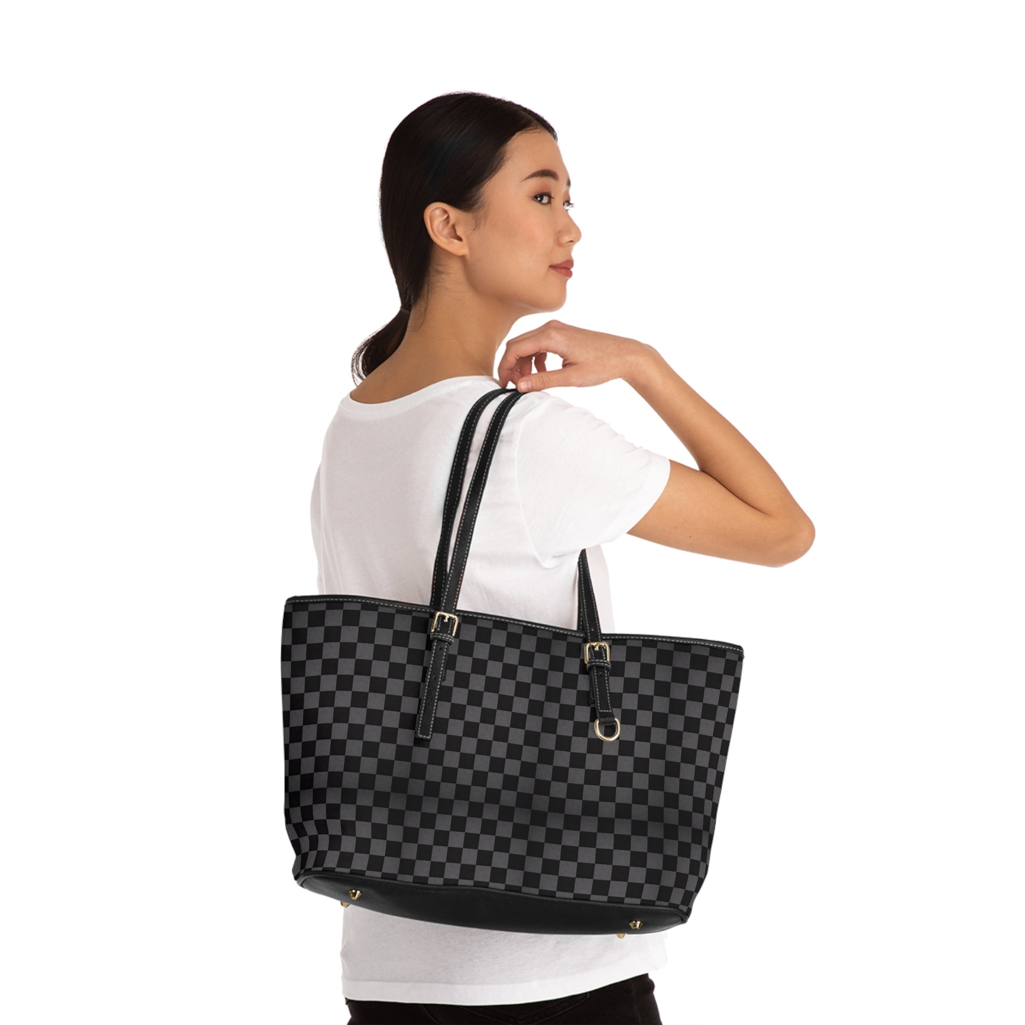 Checkered PU Leather Shoulder Bag — Stylish Black Tote for Everyday Use