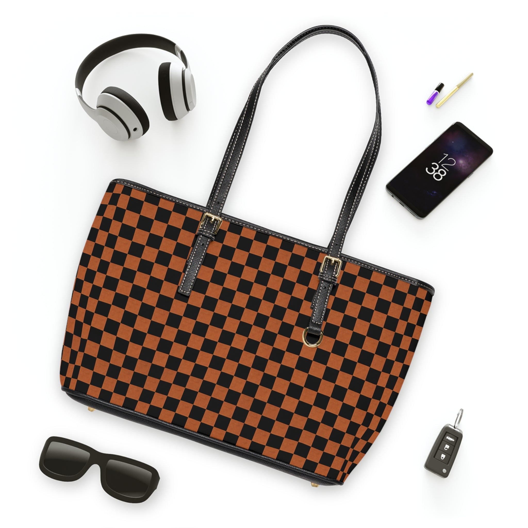 Checkerboard PU Leather Shoulder Bag — Black & Brown Tote