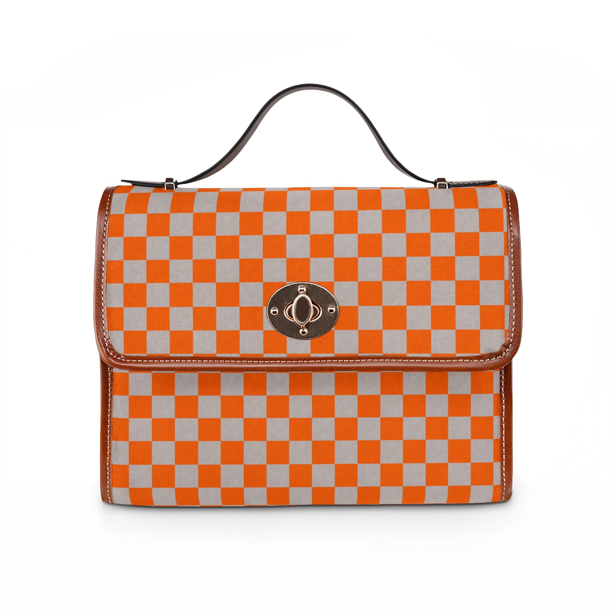 Grey and Orange Checkerboard Pattern Waterproof Canvas Bag