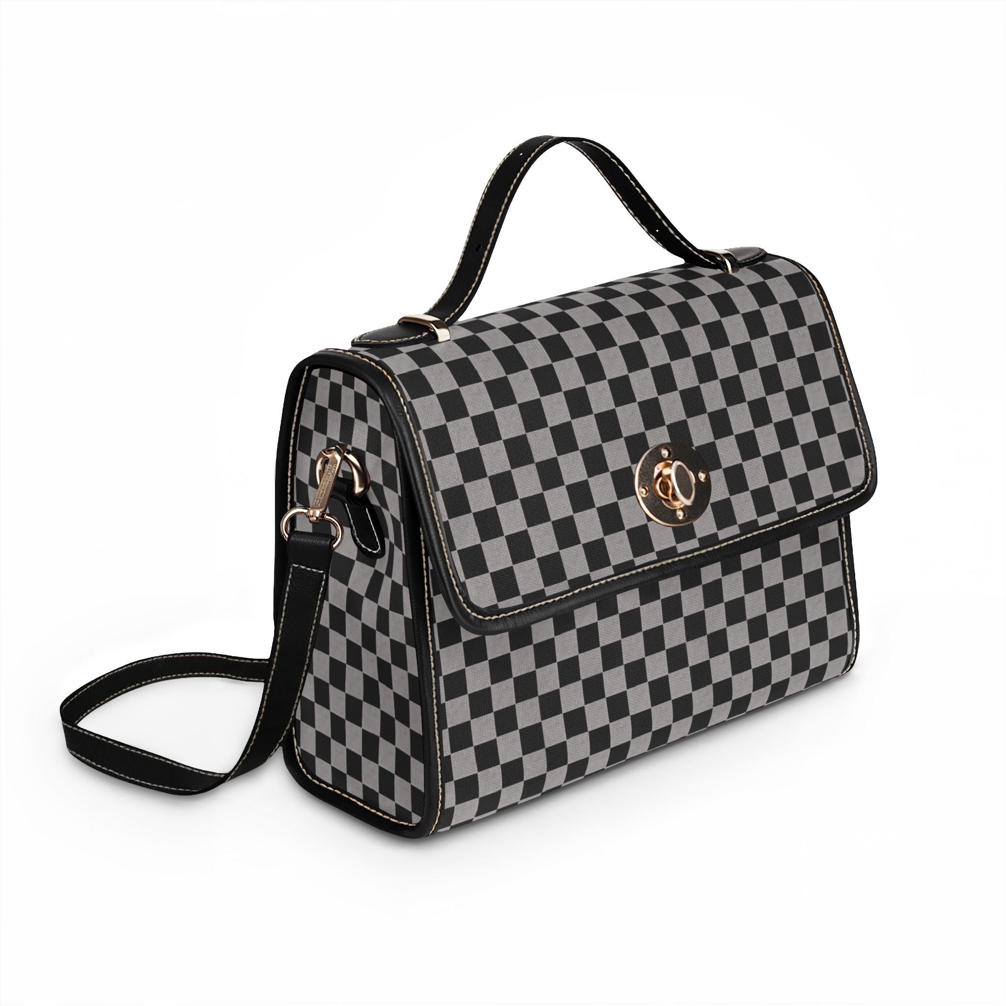 Black Gray Checkerboard Waterproof Canvas Bag | Tote, Crossbody Style