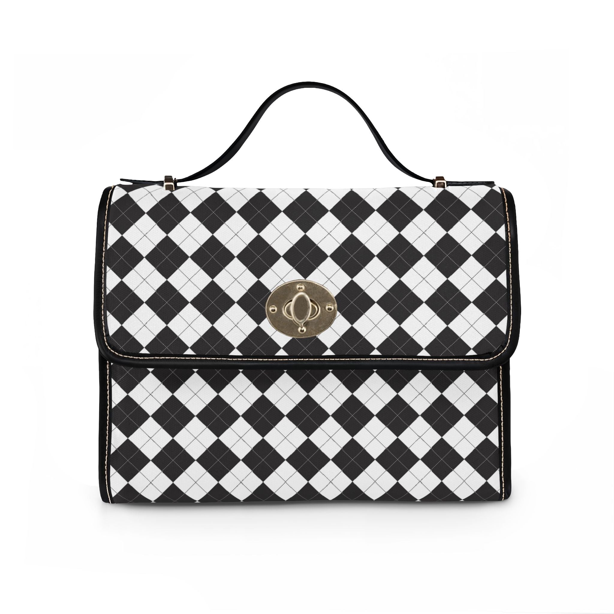 Black White Argyle Pattern Waterproof Canvas Bag | Checkered Satchel, Crossbody