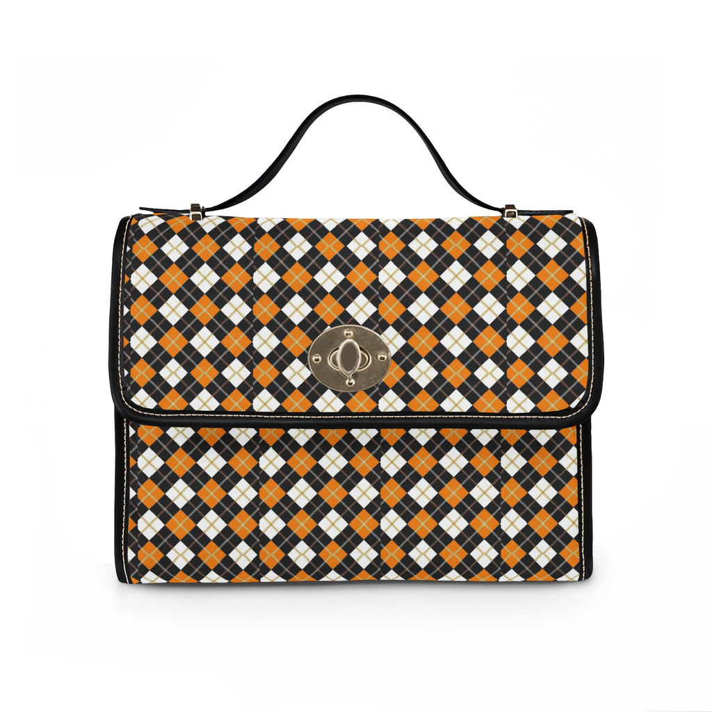 Orange Black Argyle Pattern Waterproof Canvas Bag | Plaid Satchel, Studded Trim