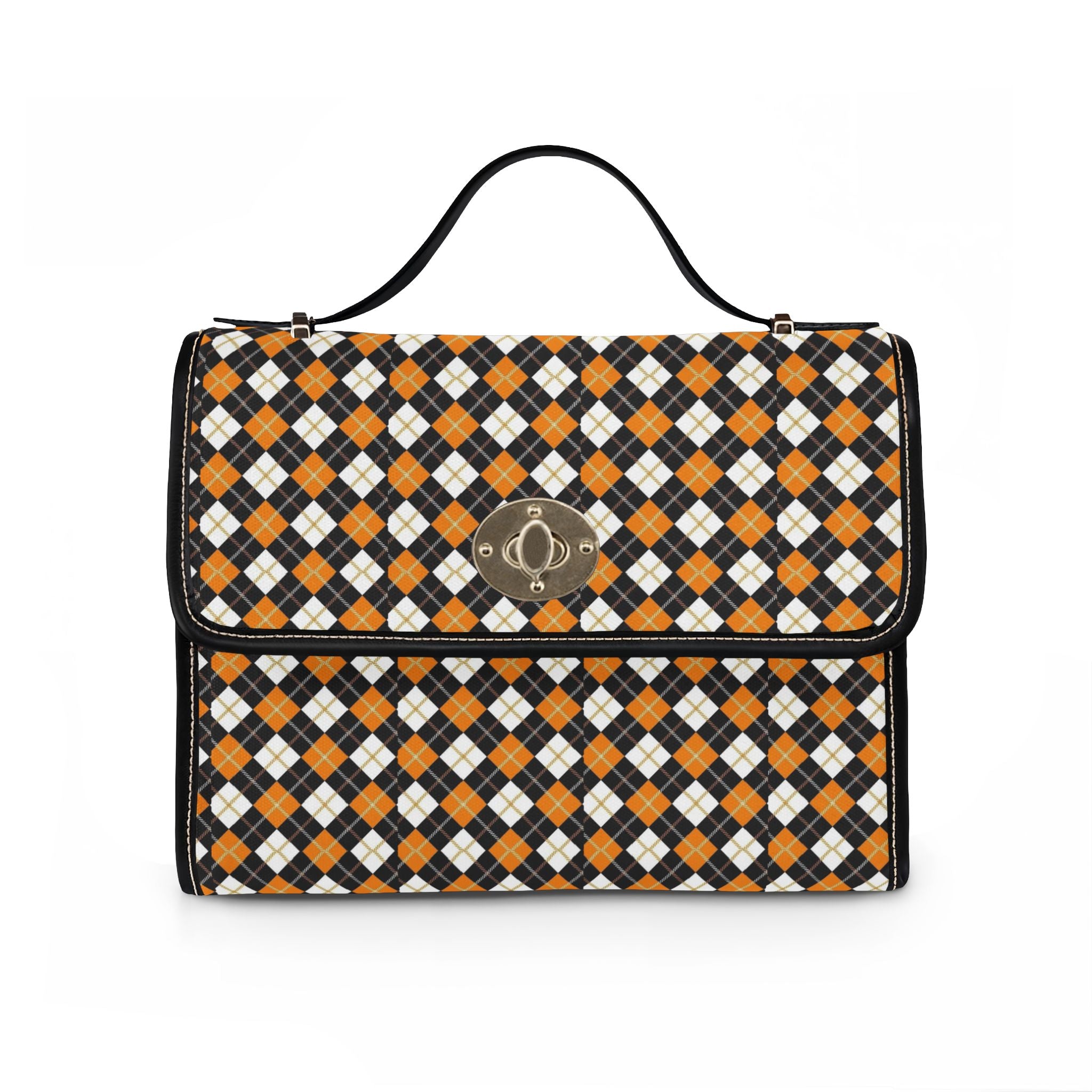 Orange Black Argyle Pattern Waterproof Canvas Bag | Plaid Satchel, Studded Trim