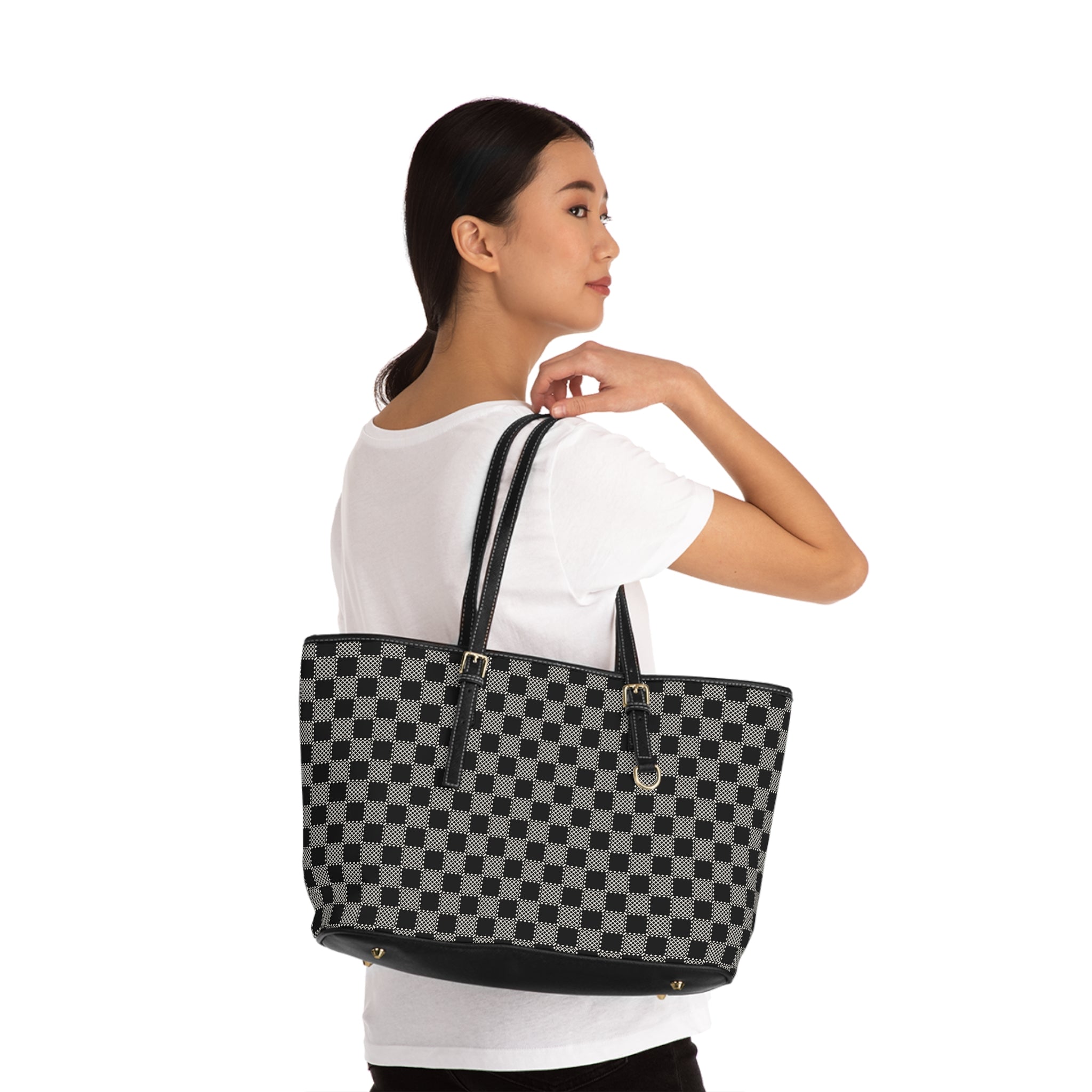 Checkerboard PU Shoulder Bag – Black Gray Tote for Everyday & Work