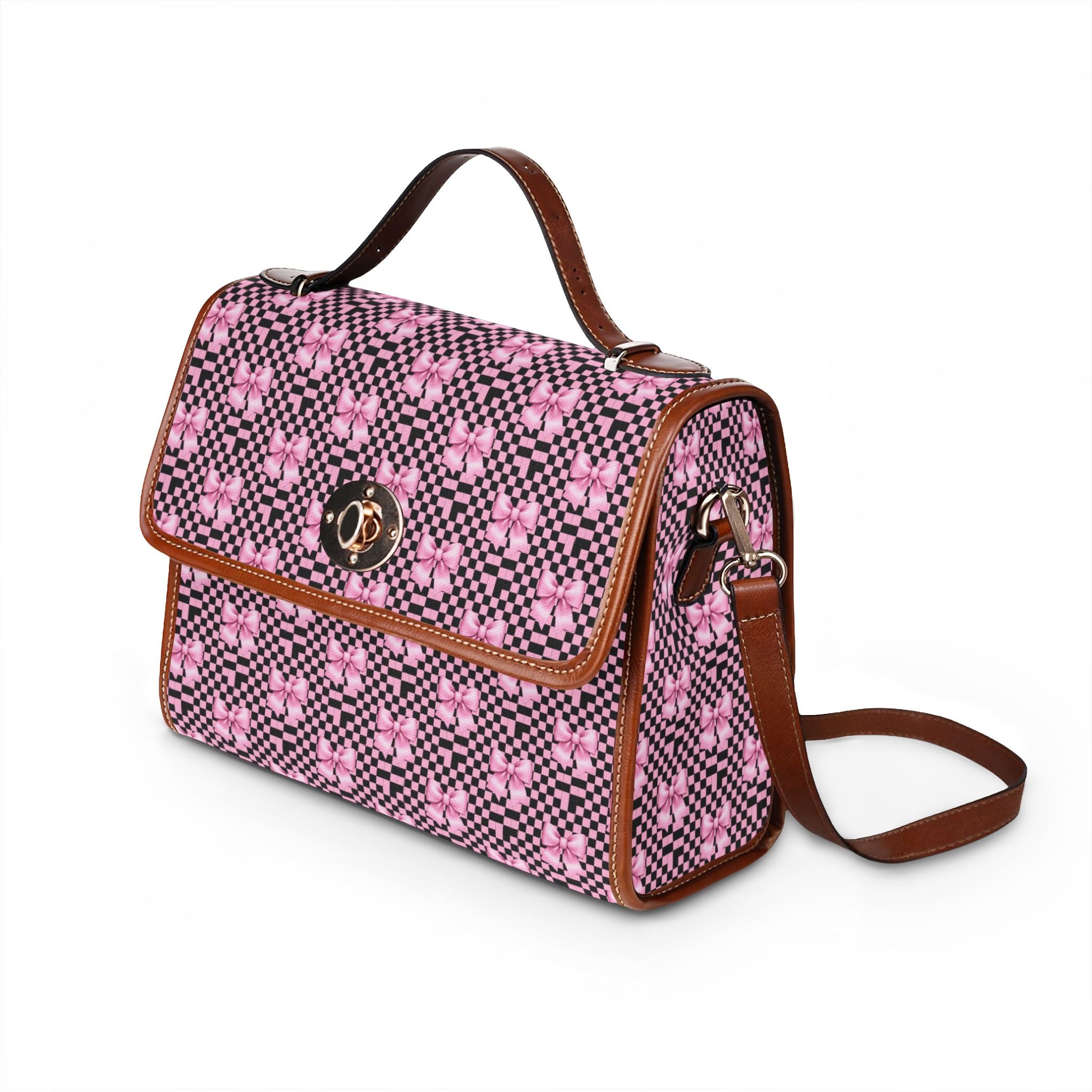 Pink Bow with Brown and Pink Checkered Pattern Waterproof Canvas Bag