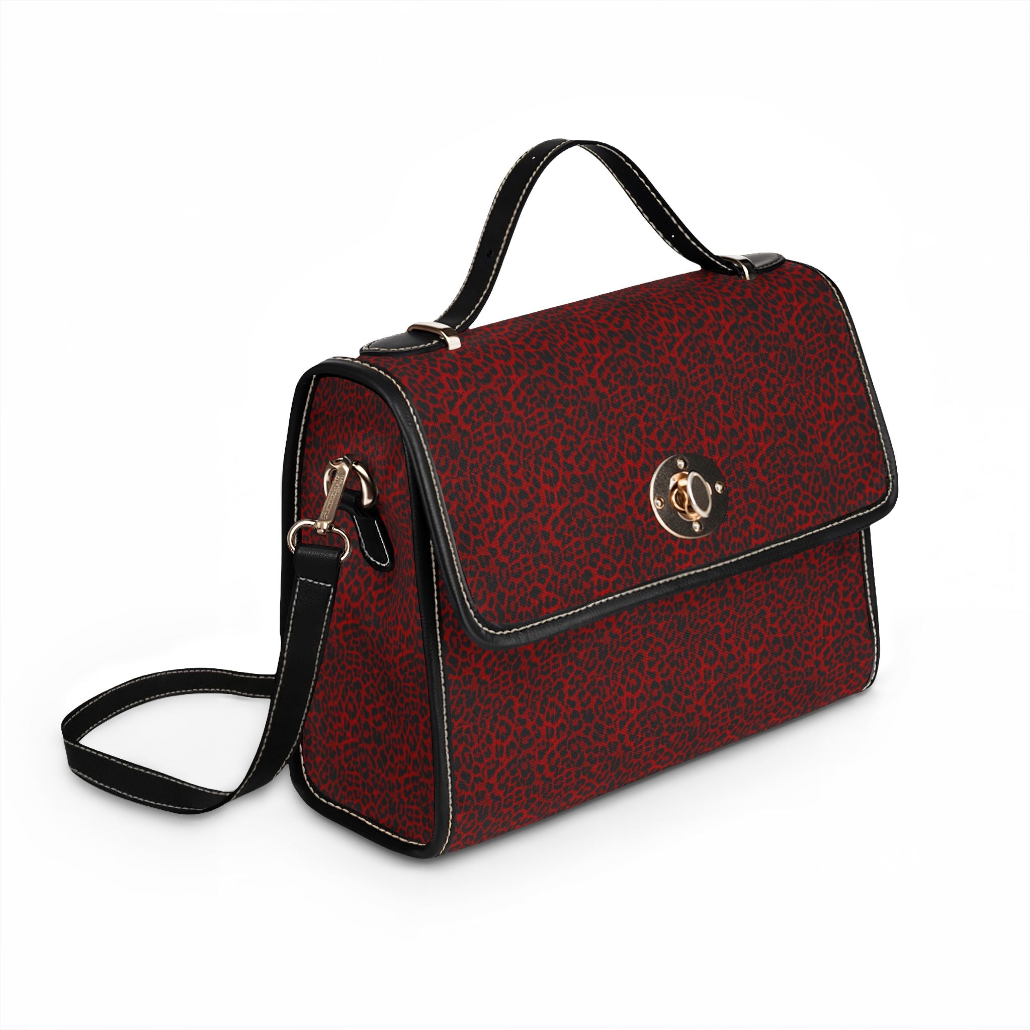 Red Leopard Print Waterproof Canvas Bag | Top Handle Crossbody Satchel
