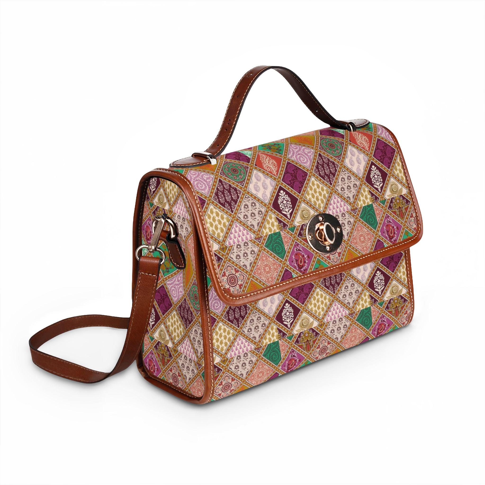 Vintage Diamond Patchwork Waterproof Canvas Bag — Boho Satchel for Travel & Everyday