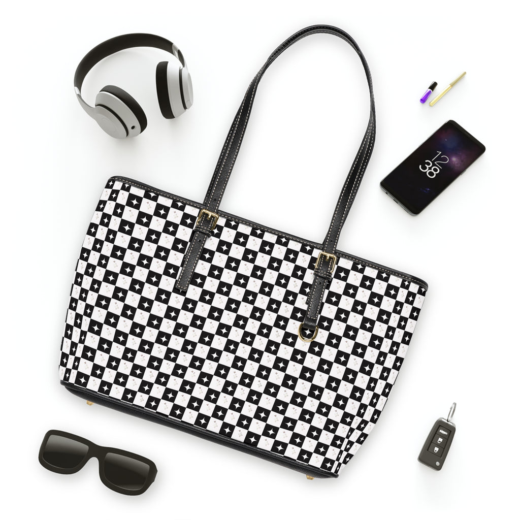 Checkerboard PU Leather Shoulder Bag – Black & White Patterned Tote