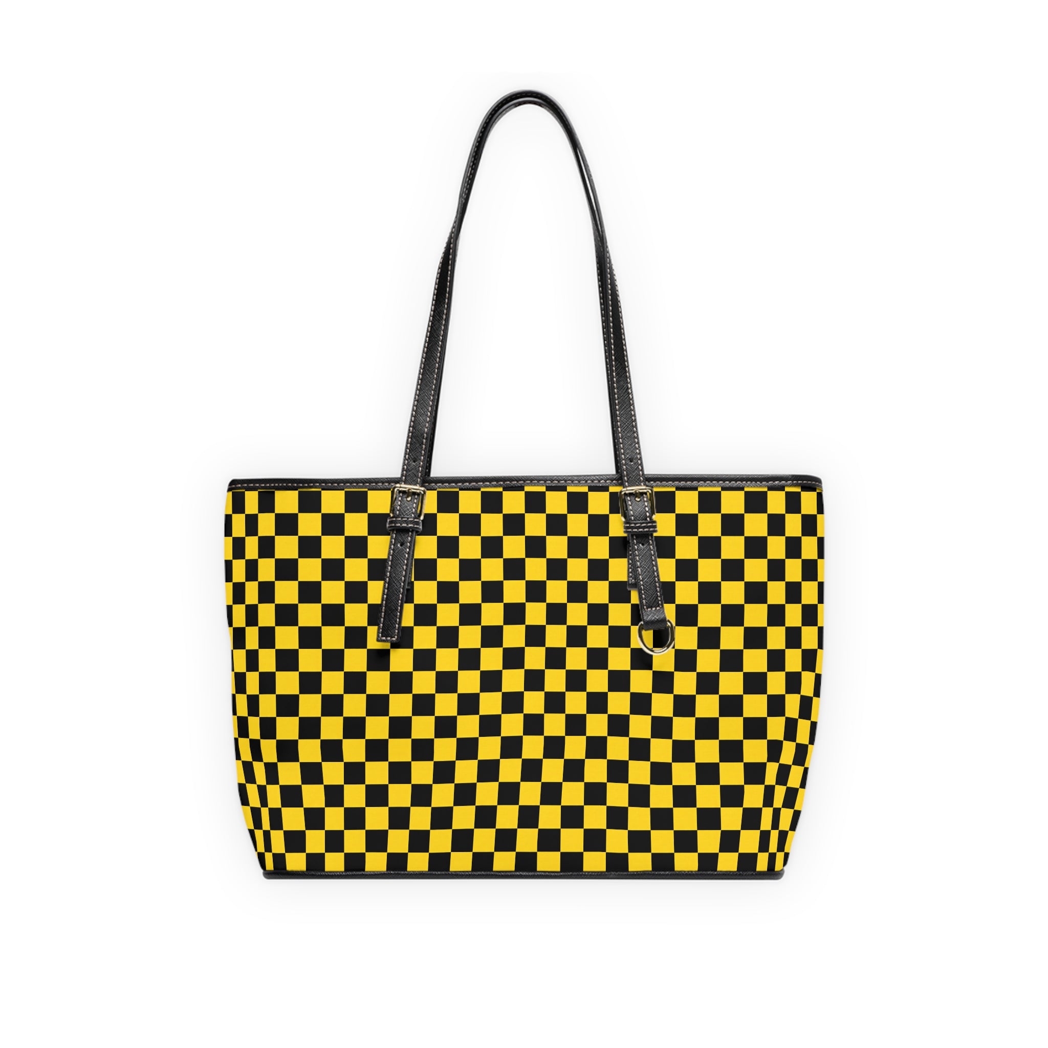 Yellow Black Checkered PU Shoulder Bag — Retro Checkerboard Tote