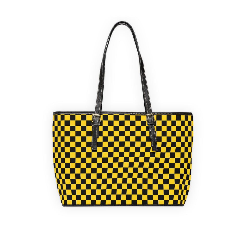 Yellow Black Checkered PU Shoulder Bag — Retro Checkerboard Tote