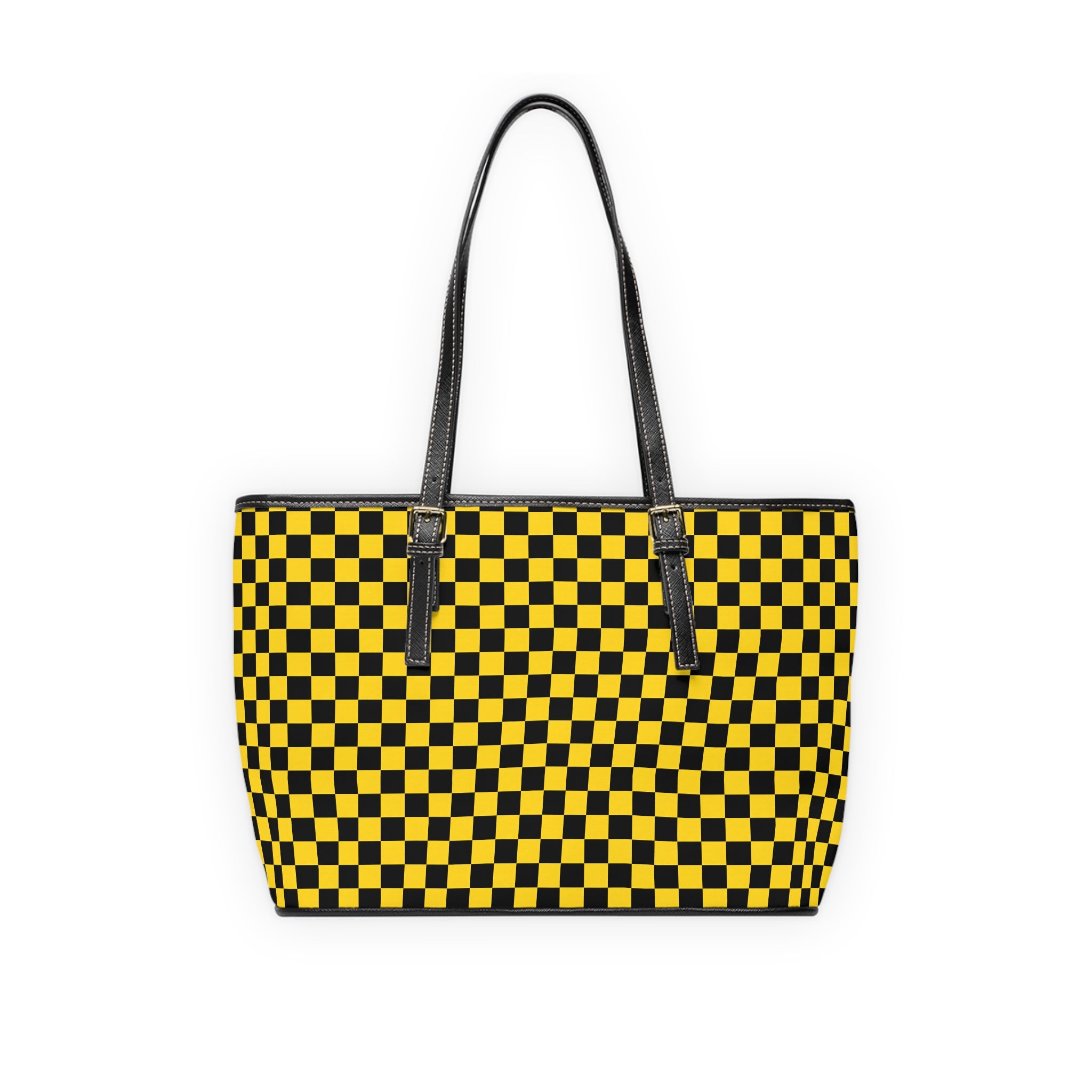 Yellow Black Checkered PU Shoulder Bag — Retro Checkerboard Tote