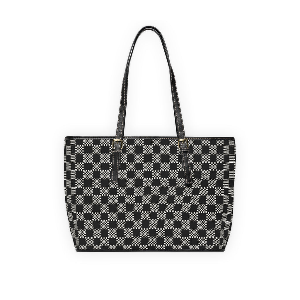 Checkerboard PU Shoulder Bag – Black Gray Tote for Everyday & Work