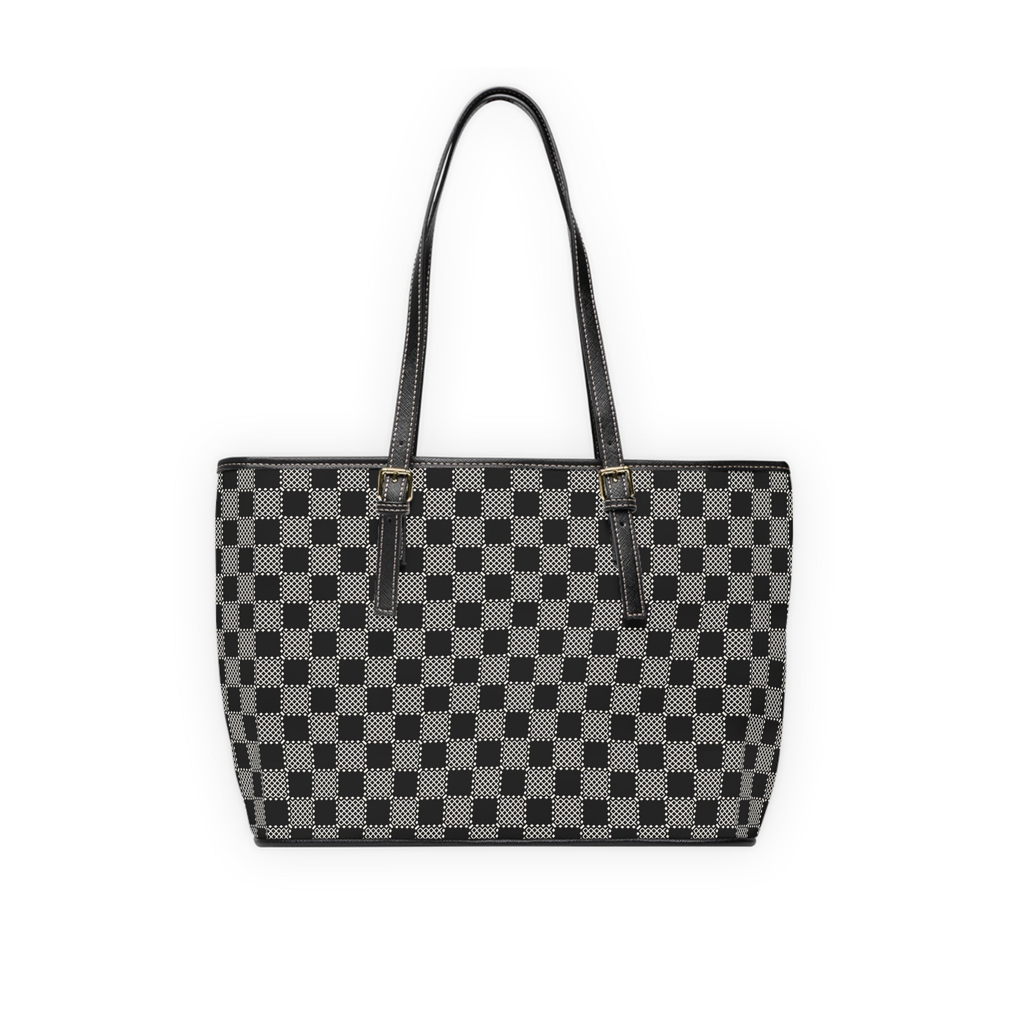 Checkerboard PU Shoulder Bag – Black Gray Tote for Everyday & Work