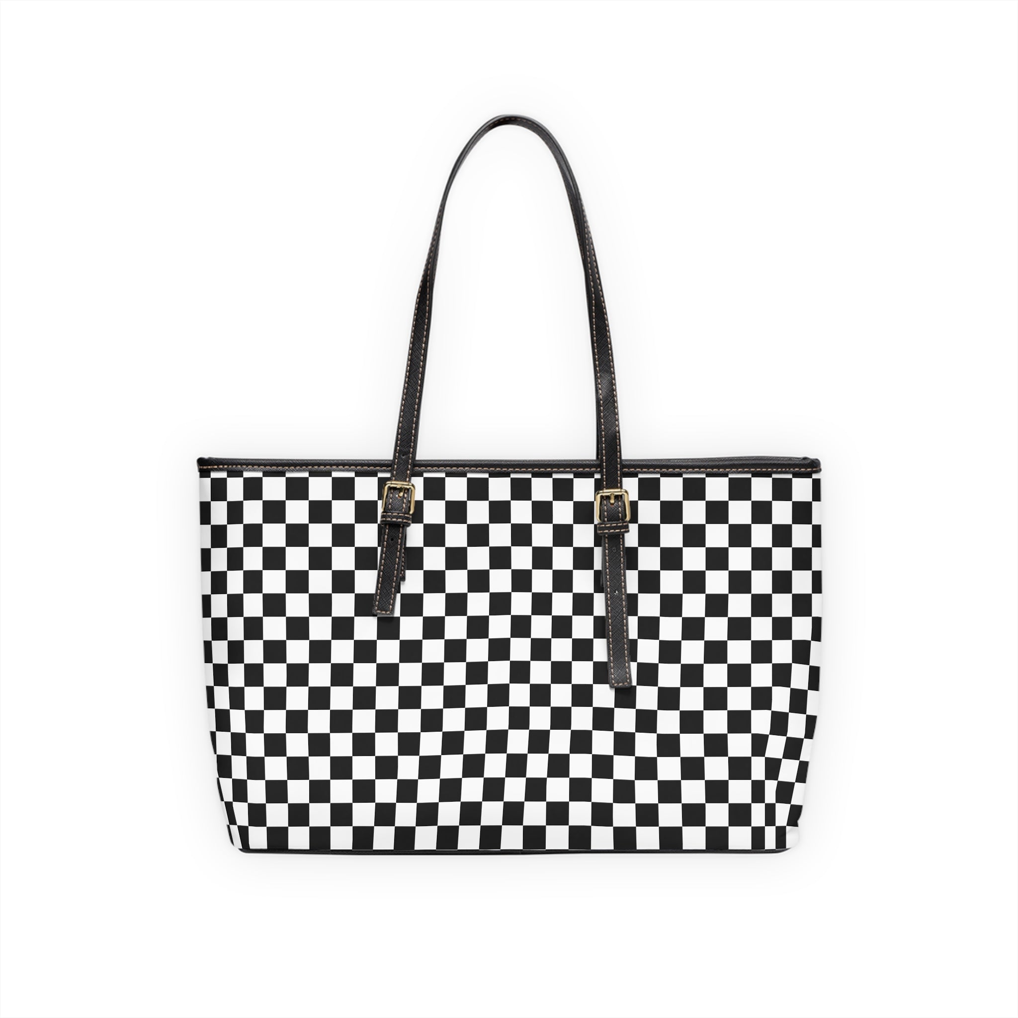 Checkerboard PU Leather Shoulder Bag – Black & White Tote