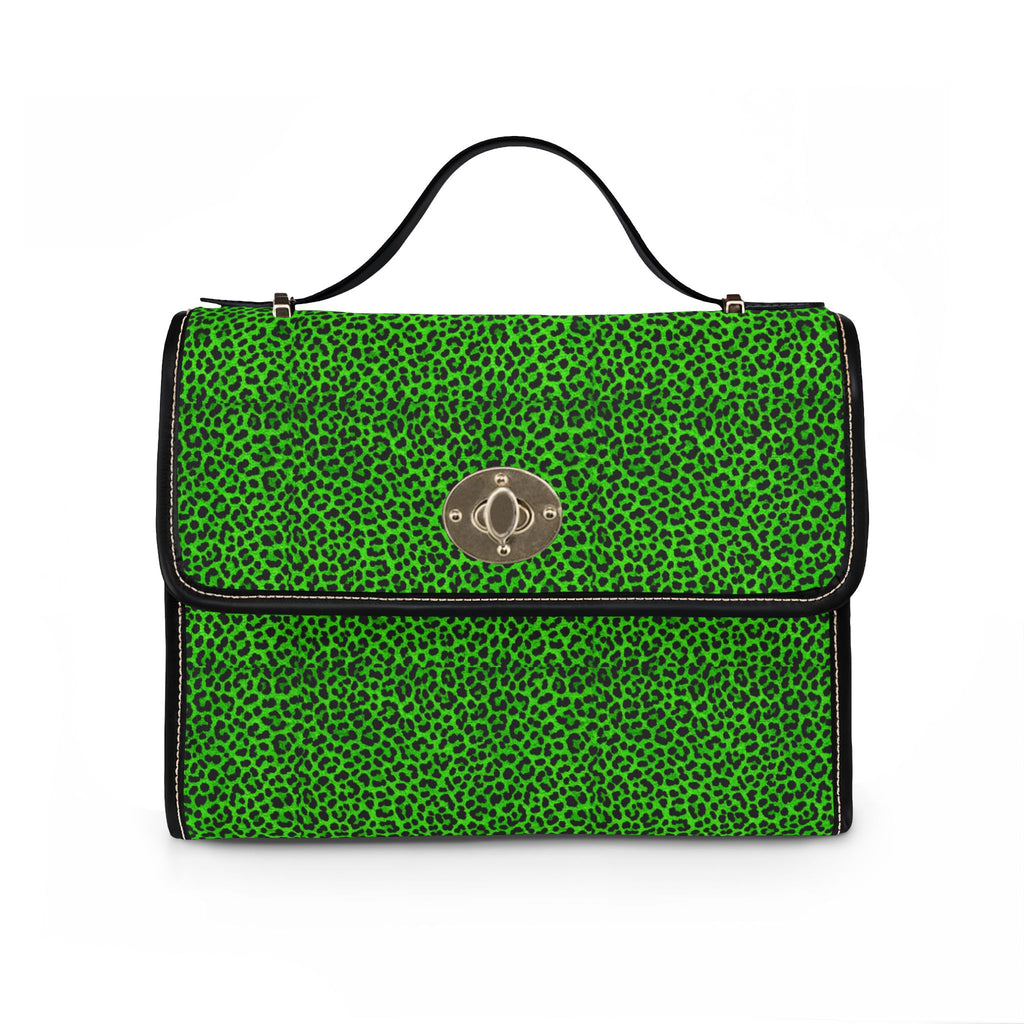 Green Leopard Print Waterproof Canvas Bag | Top Handle Satchel, Crossbody Strap