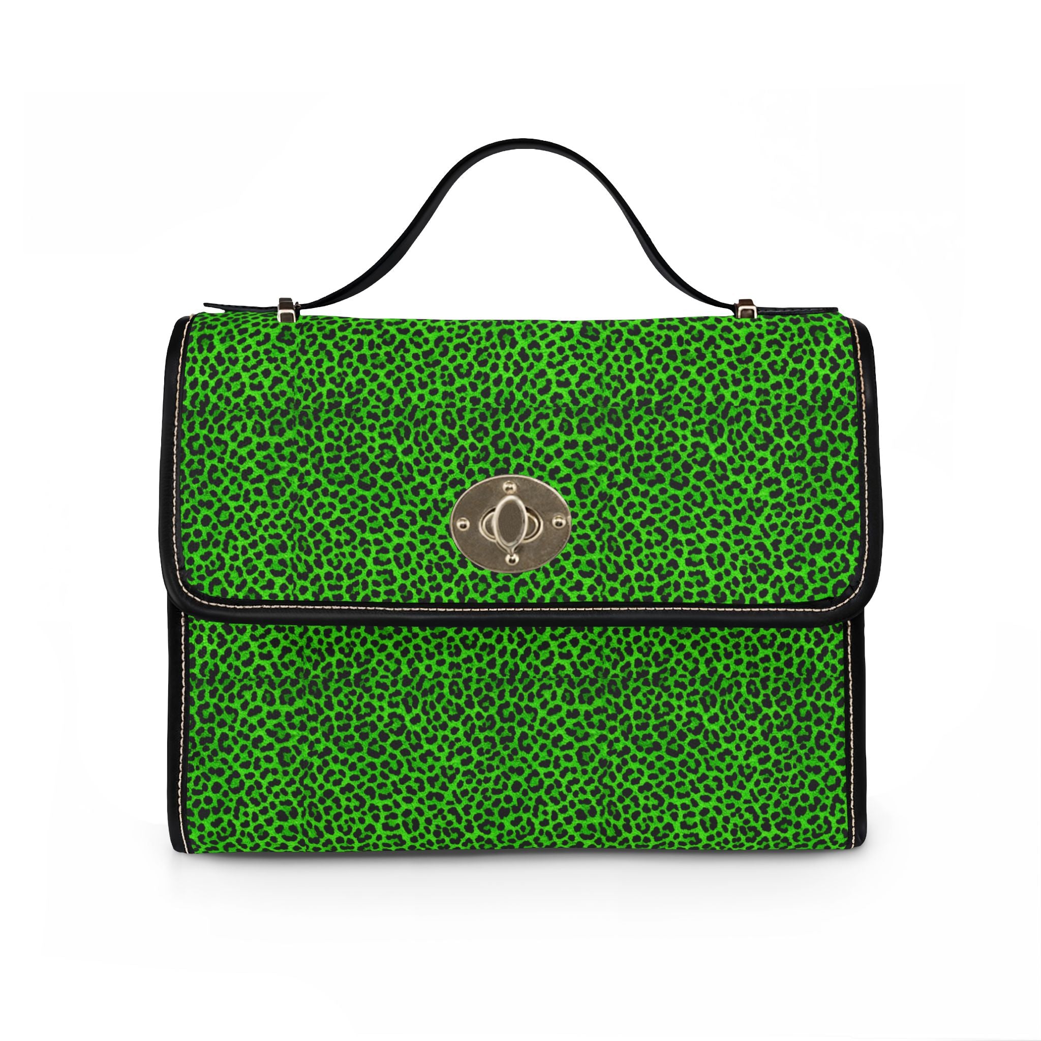 Green Leopard Print Waterproof Canvas Bag | Top Handle Satchel, Crossbody Strap