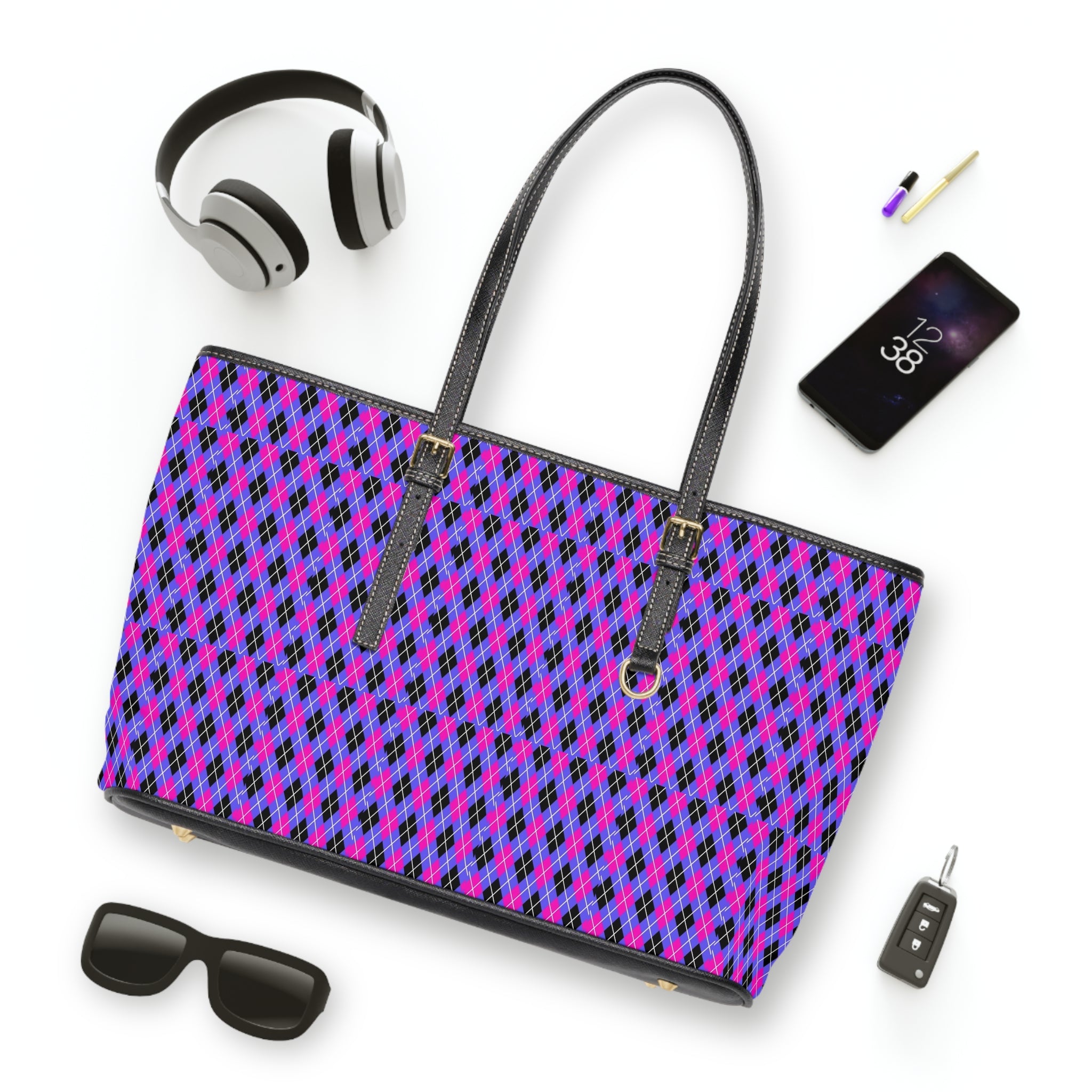 Pink Purple Argyle Pattern Shoulder Bag | Geometric Tote, Diamond Print