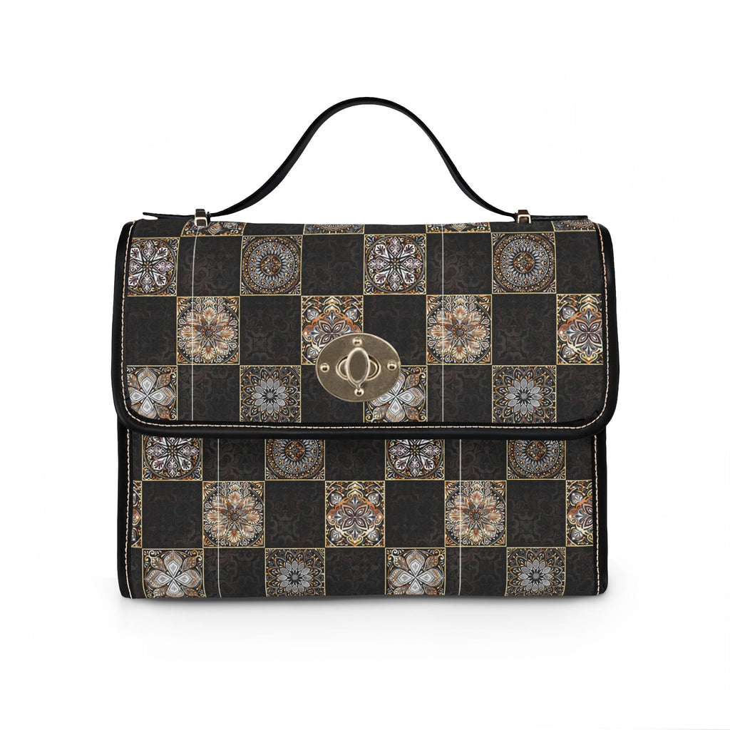 Vintage Tile Checkerboard Canvas Handbag — Waterproof Grid Pattern Shoulder Bag