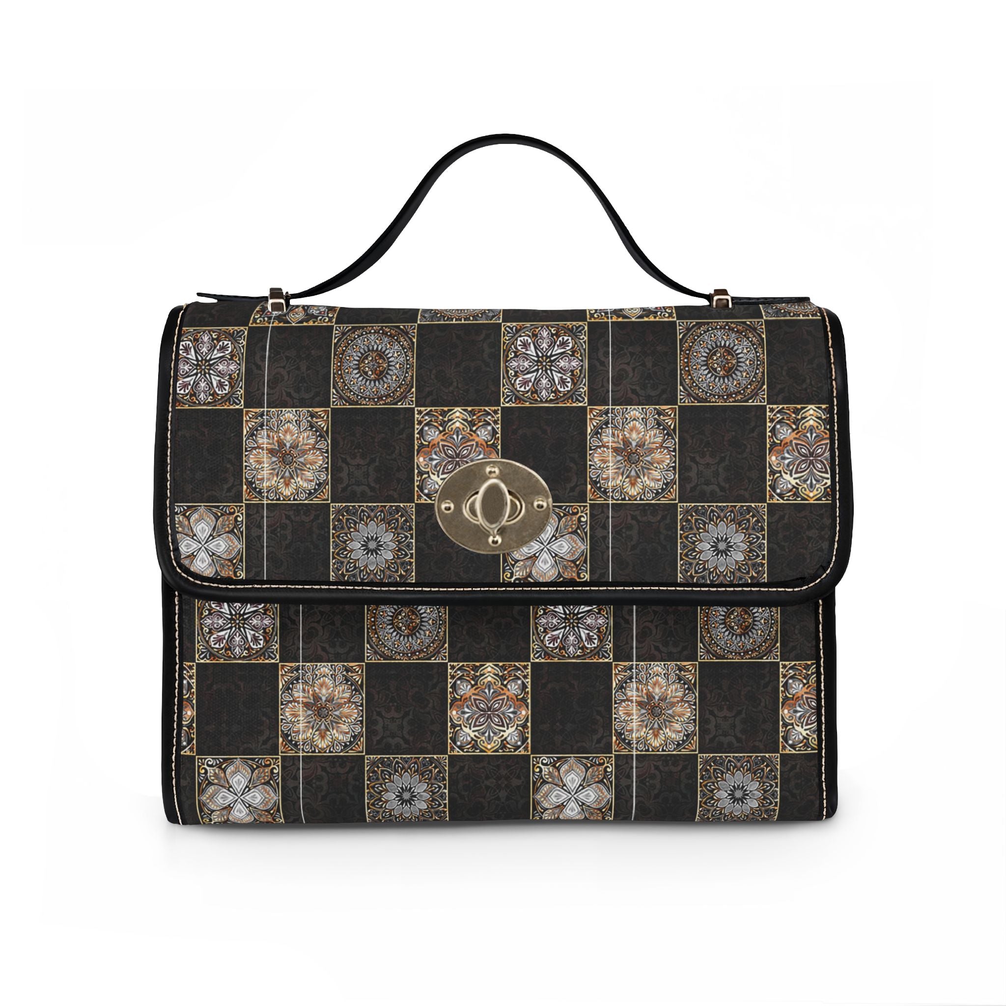 Vintage Tile Checkerboard Canvas Handbag — Waterproof Grid Pattern Shoulder Bag
