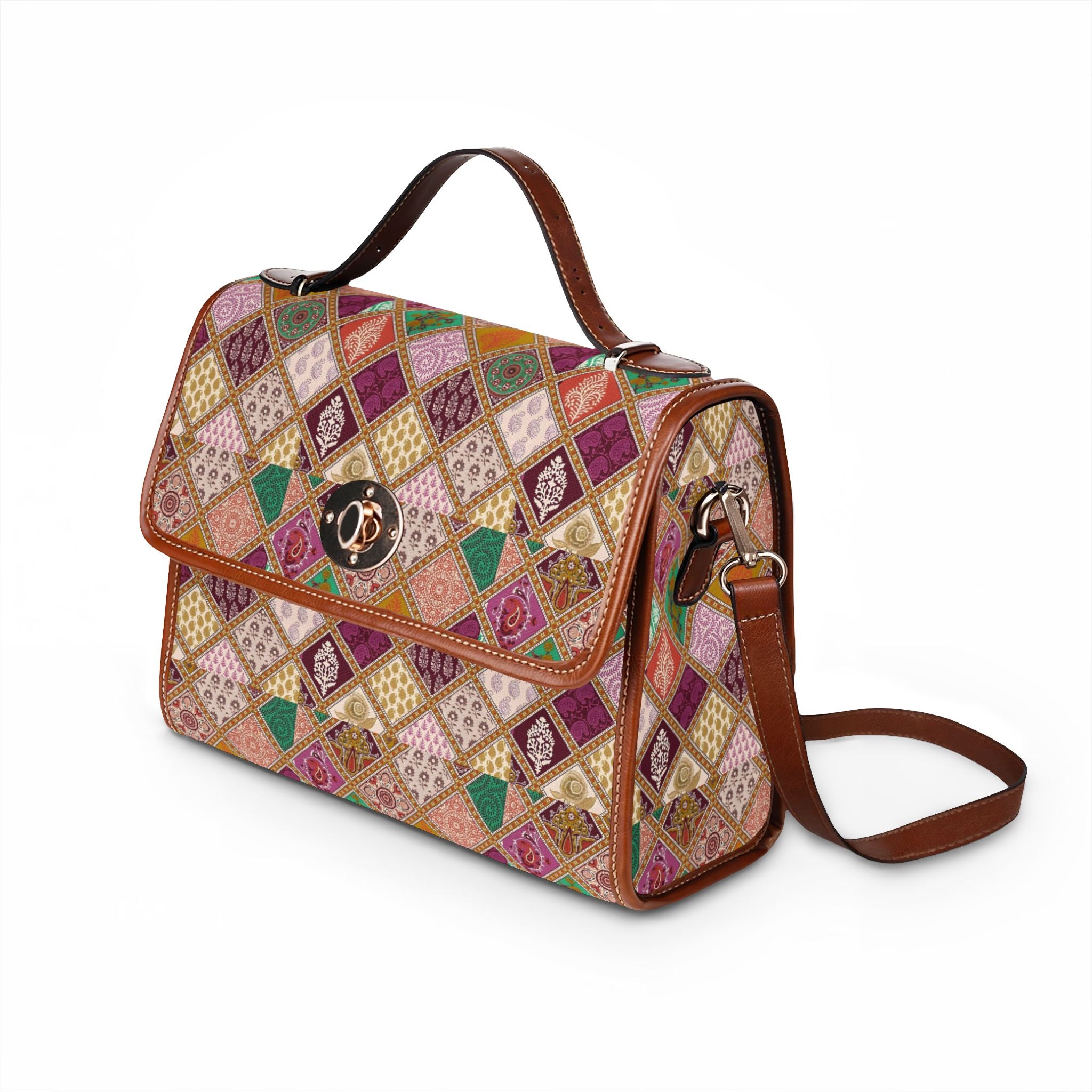 Vintage Diamond Patchwork Waterproof Canvas Bag — Boho Satchel for Travel & Everyday