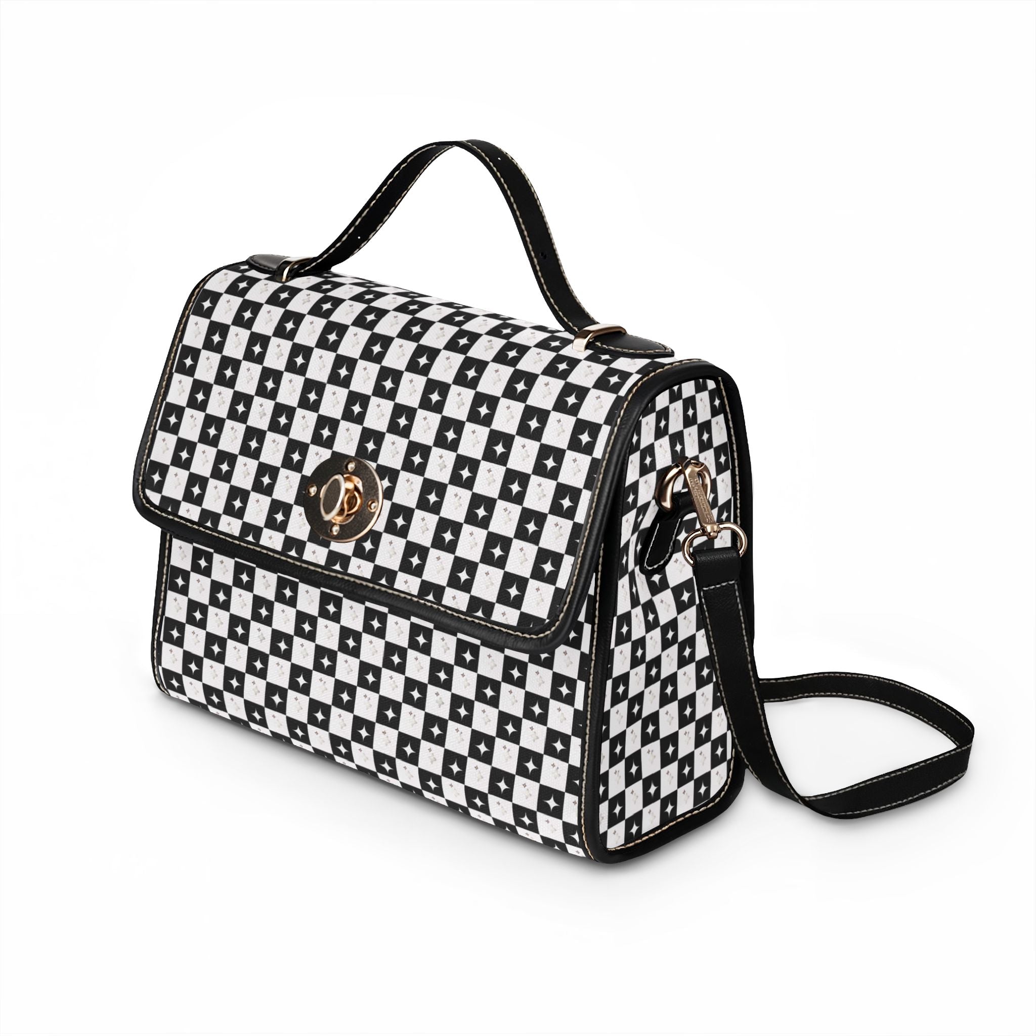 Black and White Checkerboard Pattern Stars Waterproof Canvas Bag