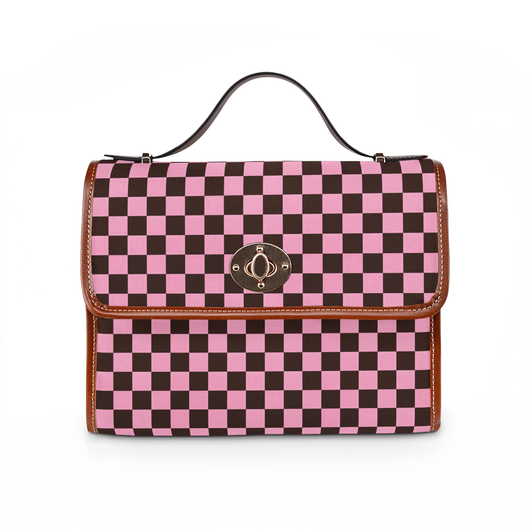 Brown and Pink Checkerboard Waterproof Canvas Bag