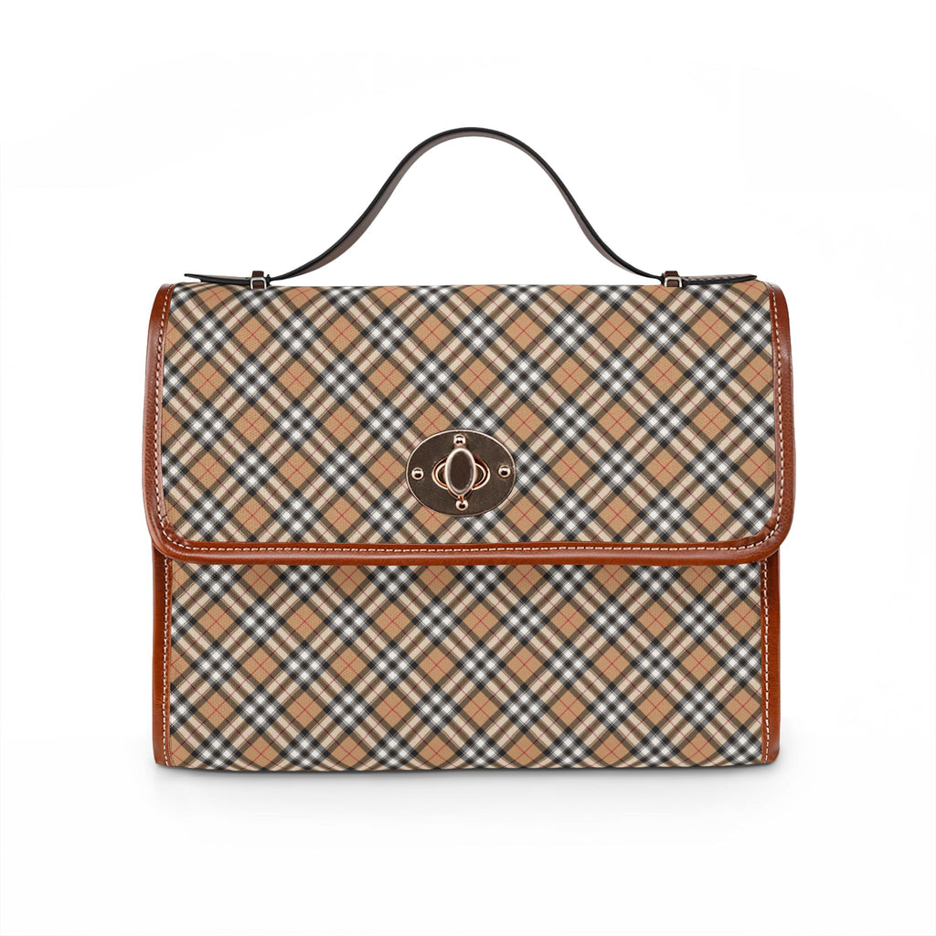 Tan Plaid Handbag Waterproof Canvas Bag | Vintage Check Pattern, Leather Trim