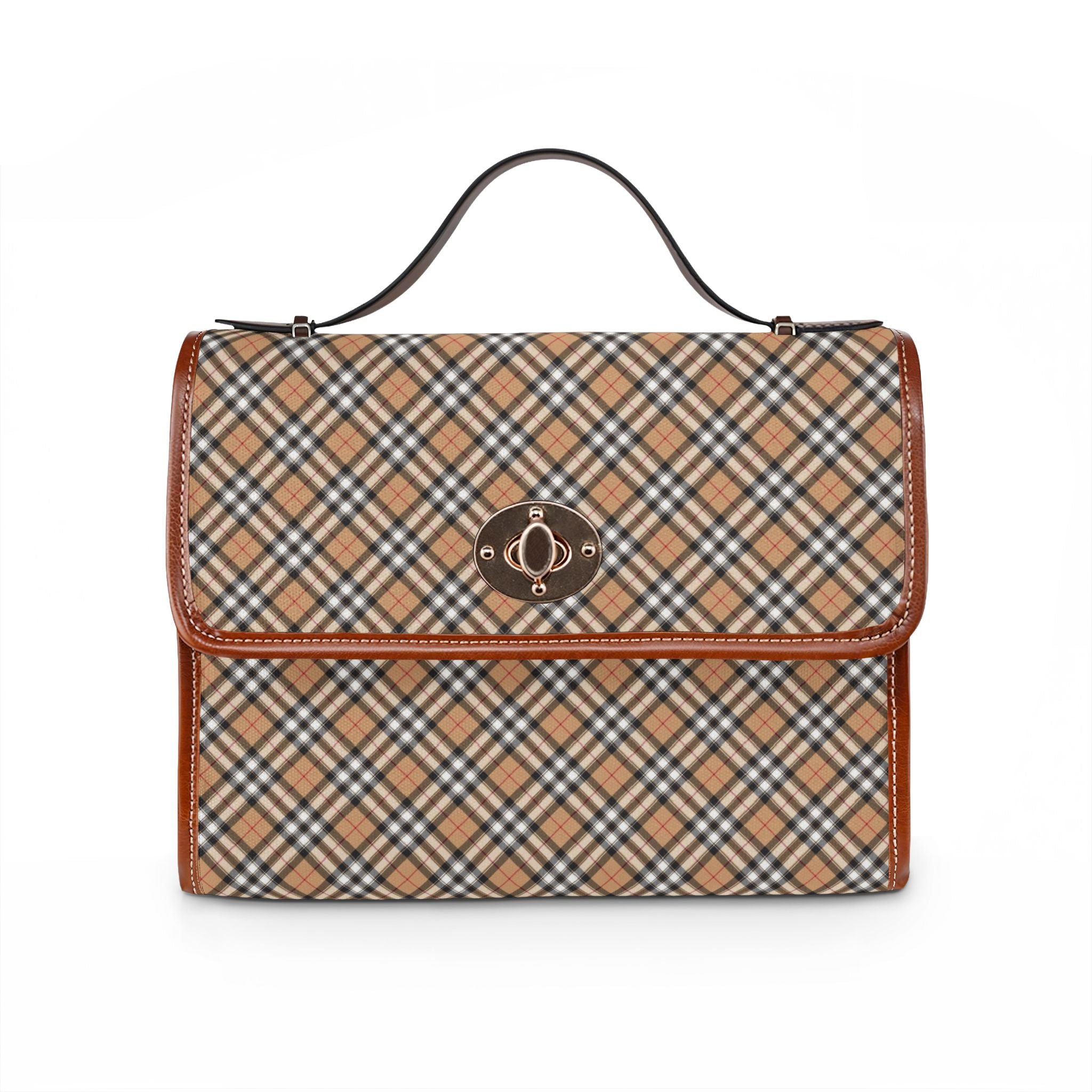 Tan Plaid Handbag Waterproof Canvas Bag | Vintage Check Pattern, Leather Trim