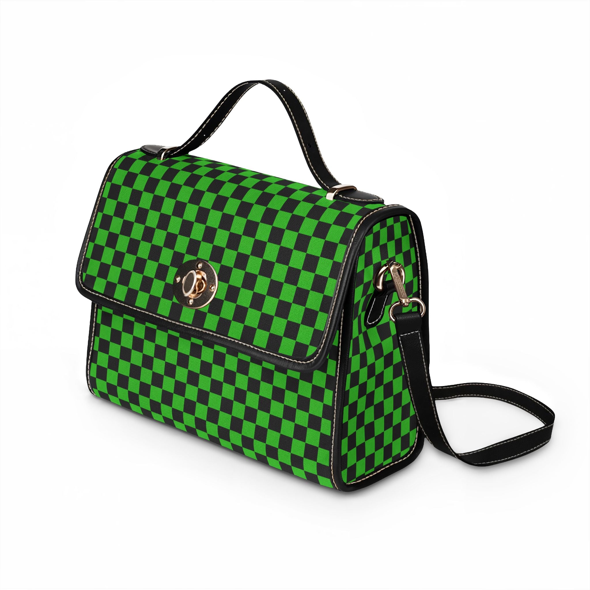 Black and Green Checkerboard Pattern Waterproof Canvas Bag