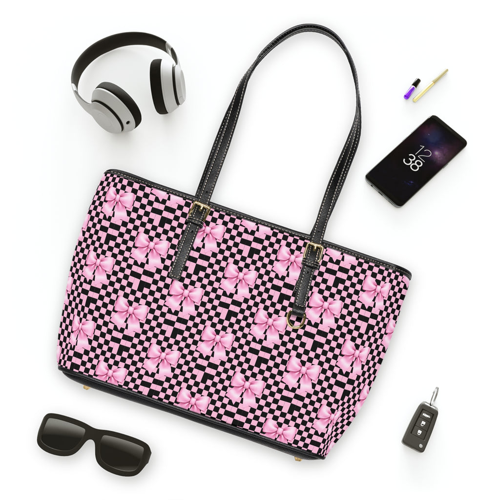 Pink Bow Checker Tote Bag — PU Leather Shoulder Tote