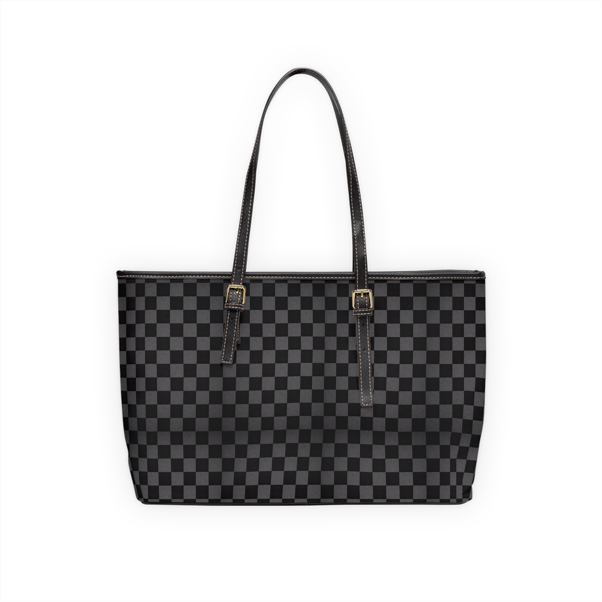Checkered PU Leather Shoulder Bag — Stylish Black Tote for Everyday Use