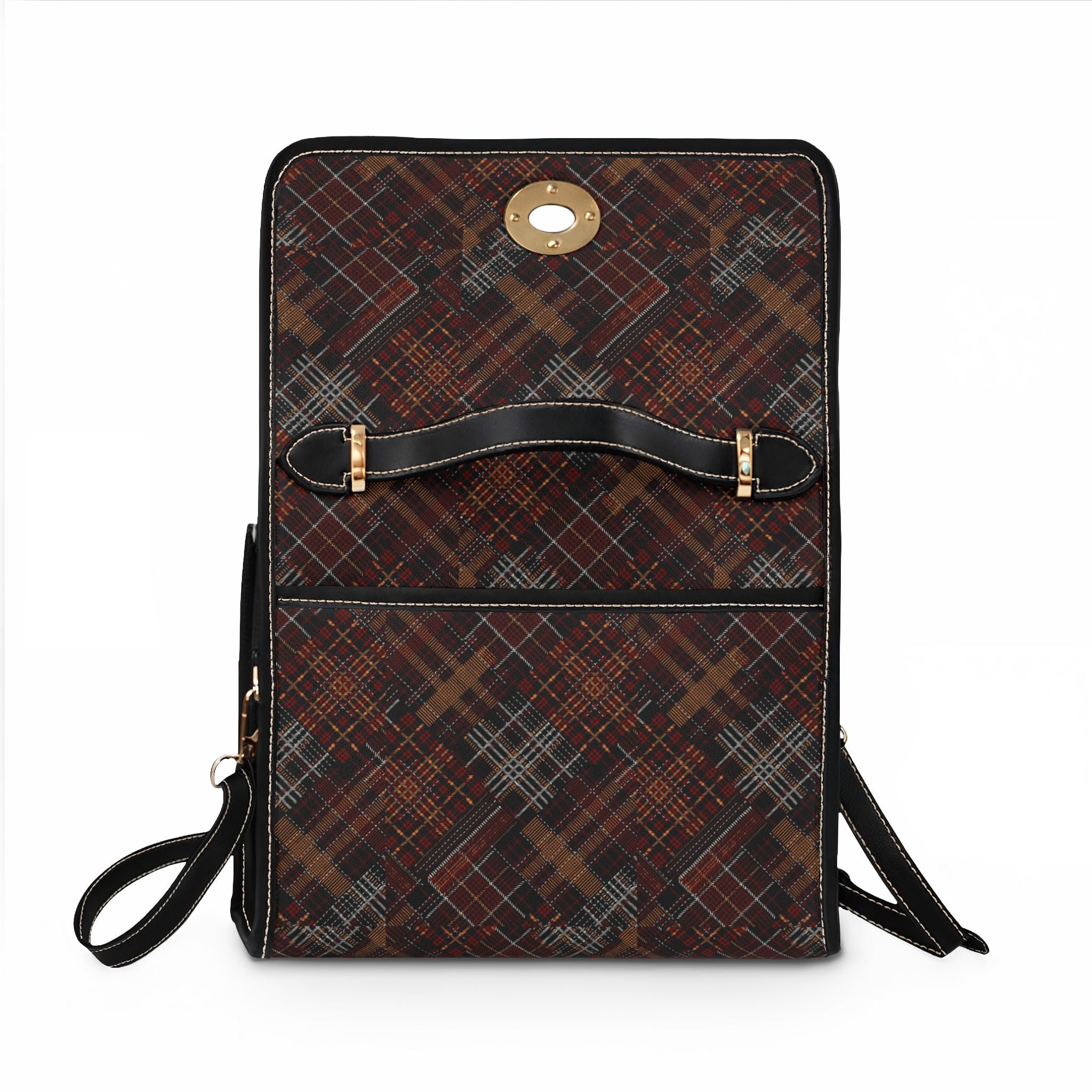 Waterproof Canvas Tote Bag — Vintage Plaid Leather-Trim Satchel
